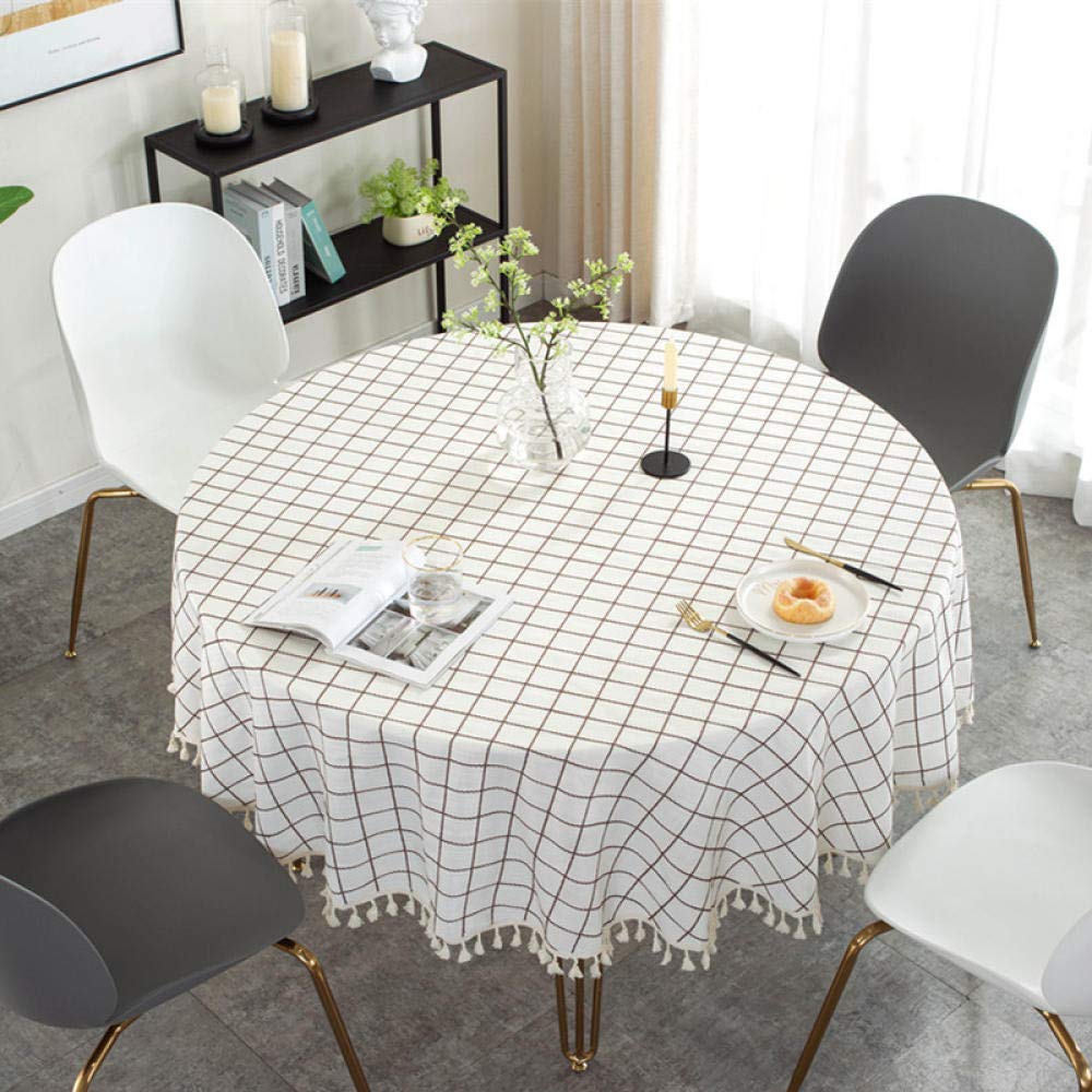 Tissu table basse beige jacquard 260 cm avec nappe à pompons ronde
