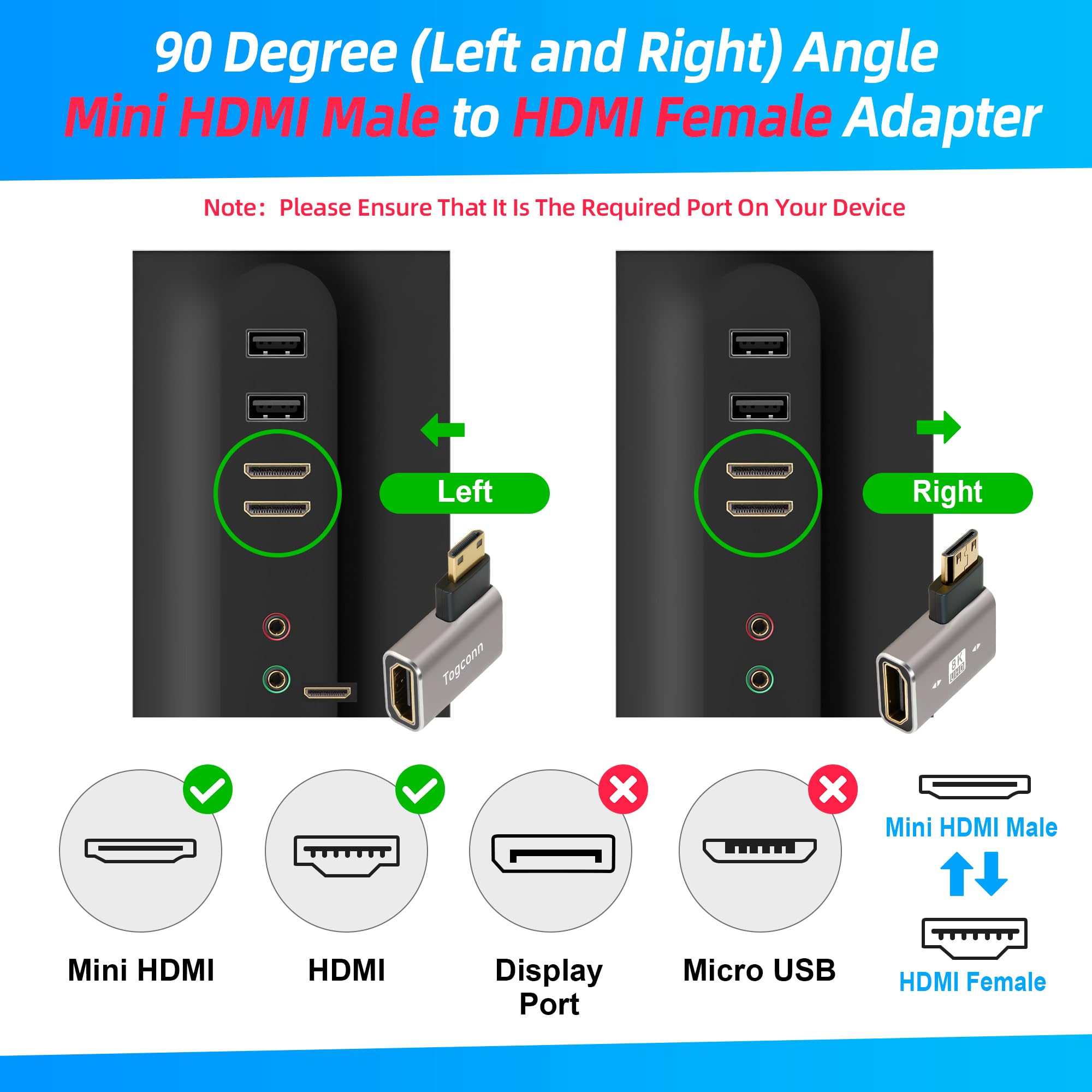 Adaptador mini HDMI a HDMI de 90 grados, 2 unidades, ángulo recto plano (izquierdo y derecho), mini HDMI macho a HDMI hembra, conector convertidor en forma de L, compatible con 8K a 60Hz, 4K a 120Hz
