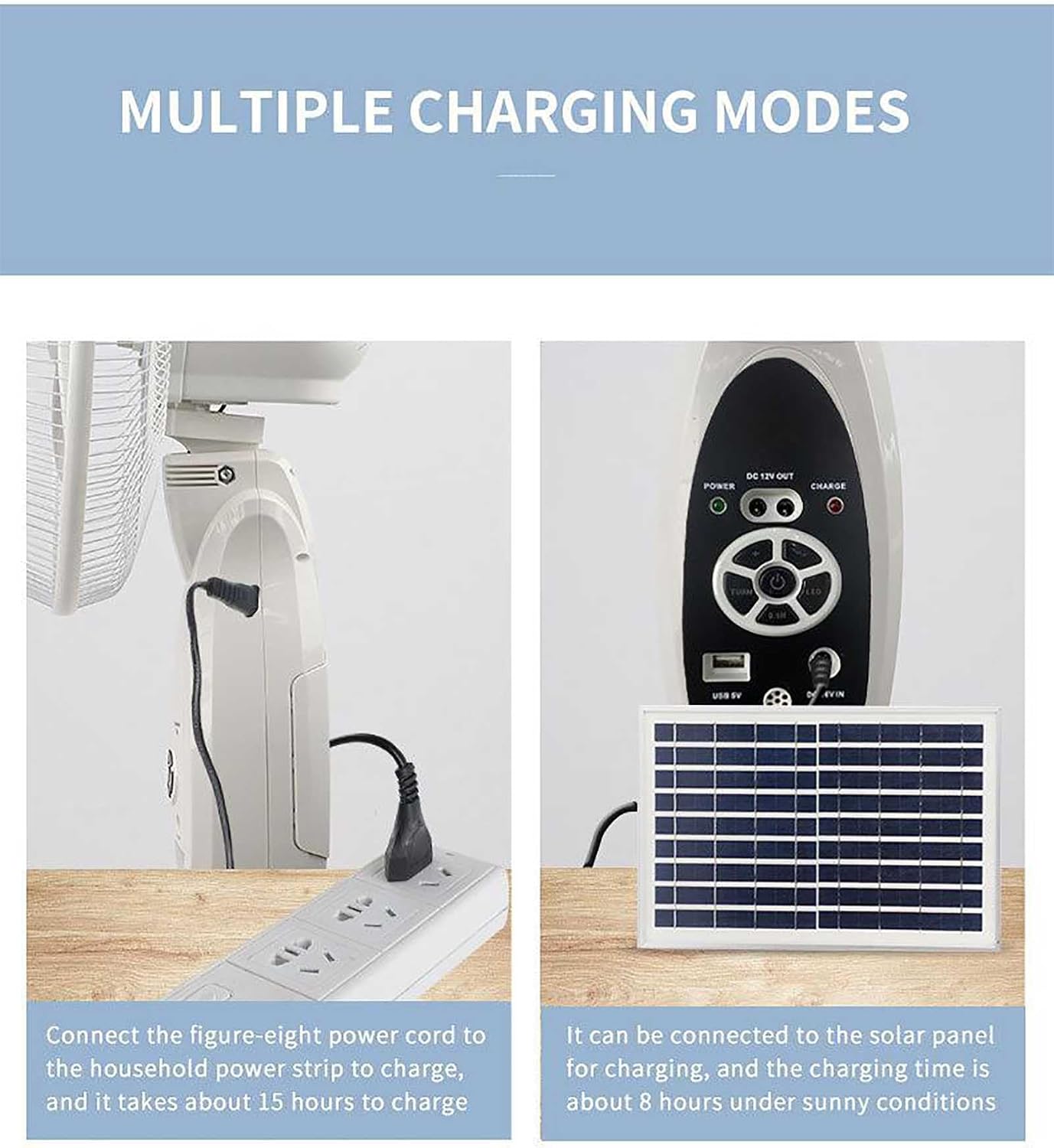 Solar Fan Remote Control,Rechargeable Floor Fan Outdoor 20.9 in USB Charging 9-Speed Adjustable,Portable Standing Fan Height Adjustable,Suitable for Office,Home