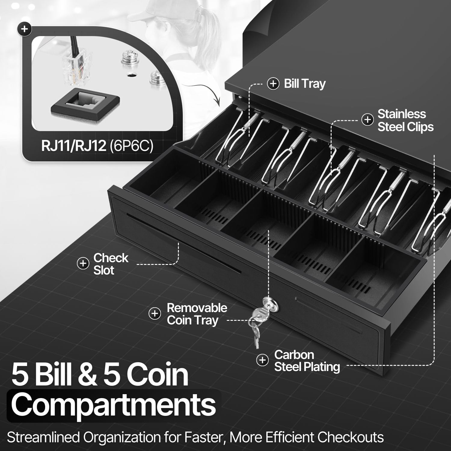 Flexzion Cash Drawer for Small Businesses - 16 Inch Metal Register with RJ11/RJ12 POS Cable, 5 Bill 5 Coin Tray, Removable Coin Compartment, Locking Money Drawer Box, Black Cash Register for Business