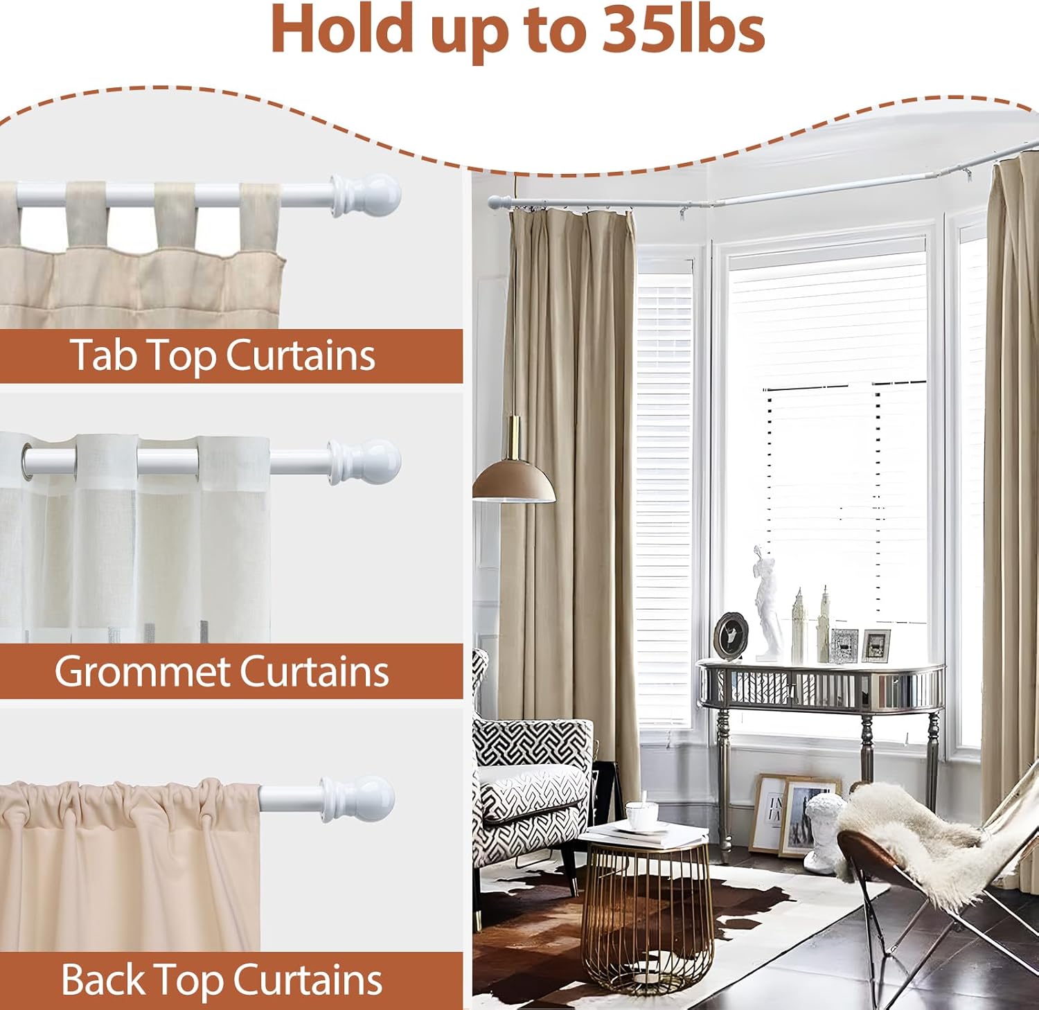 2PC Bay Window Curtain Rods 1 Inch Heavy Duty Metal Corner Curtain Rod for Windows 59-184” Retractable U Shaped Curtain Rod with Decorative End White