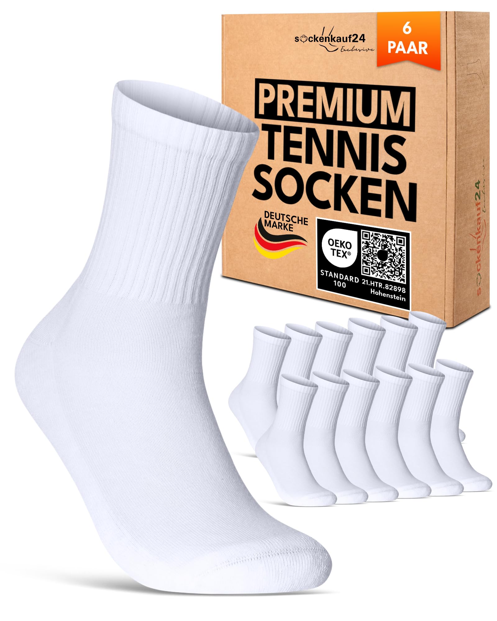 sockenkauf24 Damen Tennissocken (6 Paar) Sportsocken mit verstärkter Ferse & Fußspitze, gepolsterte Sohle Baumwolle Atmungsaktive Retro Crew Socken