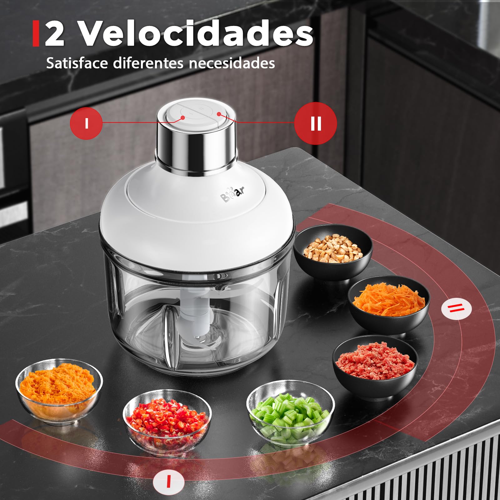 Bear 0.6l+2L Picadora de Alimentos,Clase de 2 Velocidades, Trituradora de Cocina Eléctrica, Trituradora de 300w, con 4 Cuchillas de Acero Inoxidable y Picadora de Carne