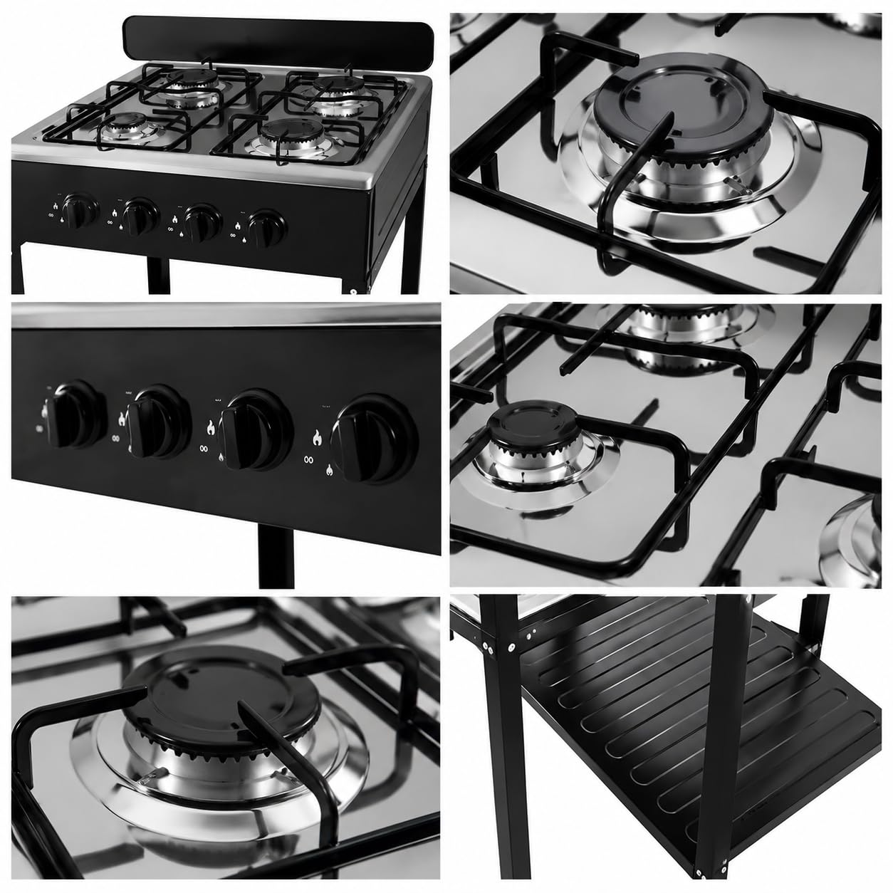Fornello a Gas 4 Fuochi Portatile con Supporto a 2 Ripiani in Acciaio, Cucina da Esterno SOLO GPL/LPG, Accensione Piezoelettrica, Ideale per Campeggio Giardino Terrazzo Picnic