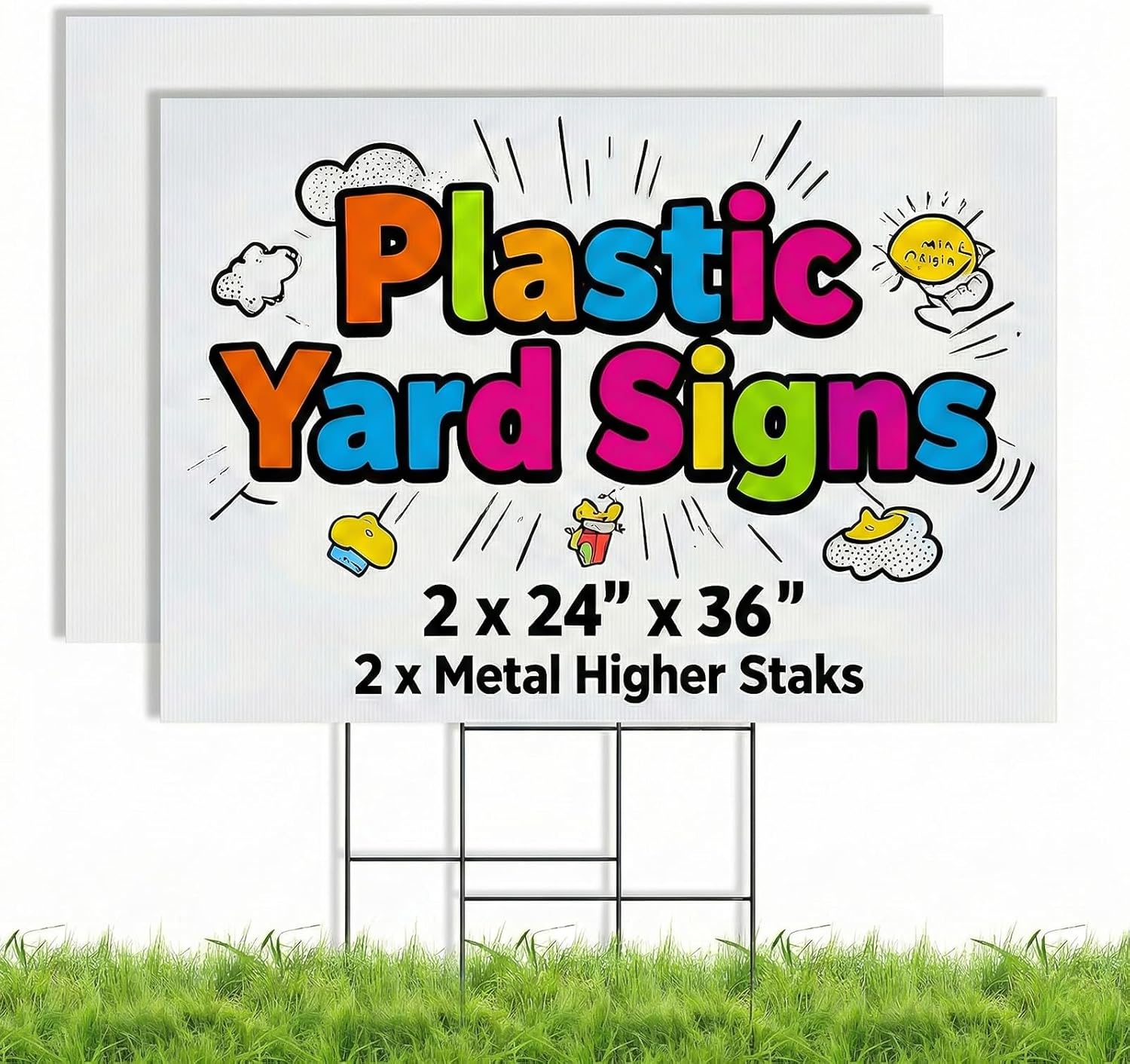 PEKGRIL 2 Pack 24 x 36 Inch Blank Yard Signs, Large Poster Board with Metal Stakes, Yard Sale Sign for Outside, Corrugated Plastic Board for Garage Sale, Garage Sale, Estate sale, Wedding, Parking - White