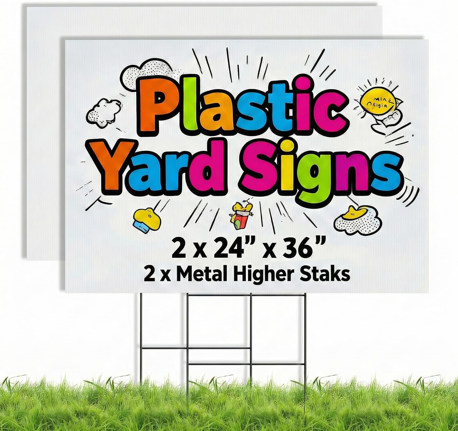 PEKGRIL 2 Pack 24 x 36 Inch Blank Yard Signs, Large Poster Board with Metal Stakes, Yard Sale Sign for Outside, Corrugated Plastic Board for Garage Sale, Garage Sale, Estate sale, Wedding, Parking