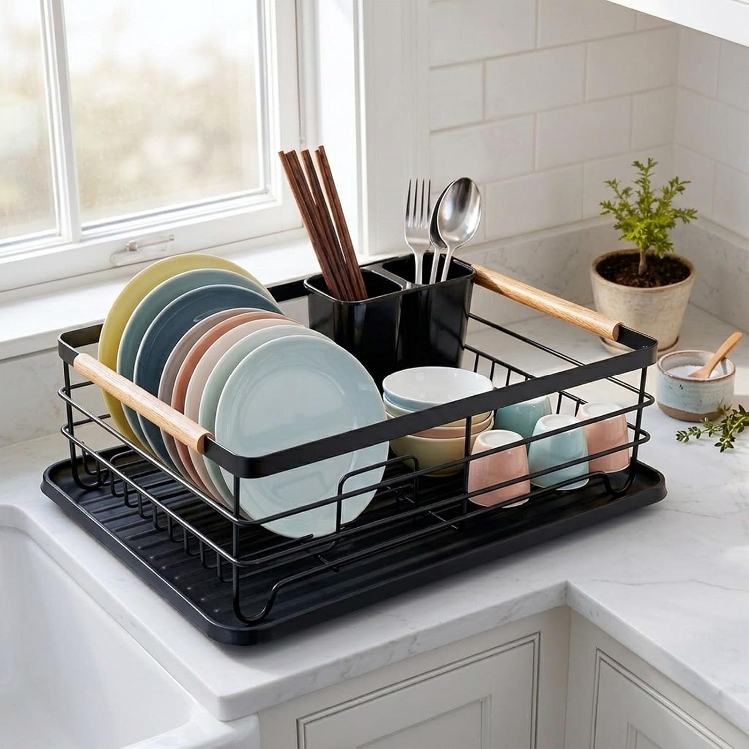 Dish Racks for Kitchen Counter, Thickened Metal Dish Drying Rack with Wooden Handles, Kitchen Countertop Organizer for Dishes, Spoons and Forks, No Assembly, Black, 16.7''*12.6''*5.12''