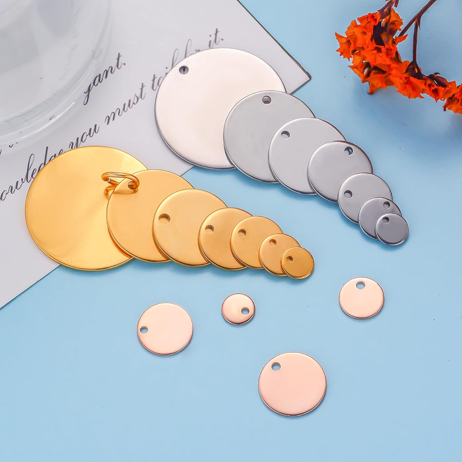 MeiceM 20-100 Pcs Custom charm bracelet necklace,laser engrave charms,Jewelry Making round Charms for Necklace Pendant,custom 6mm-20mm Circle Sliver,Gold,Rose Gold engrave Text/Logo - Image 3