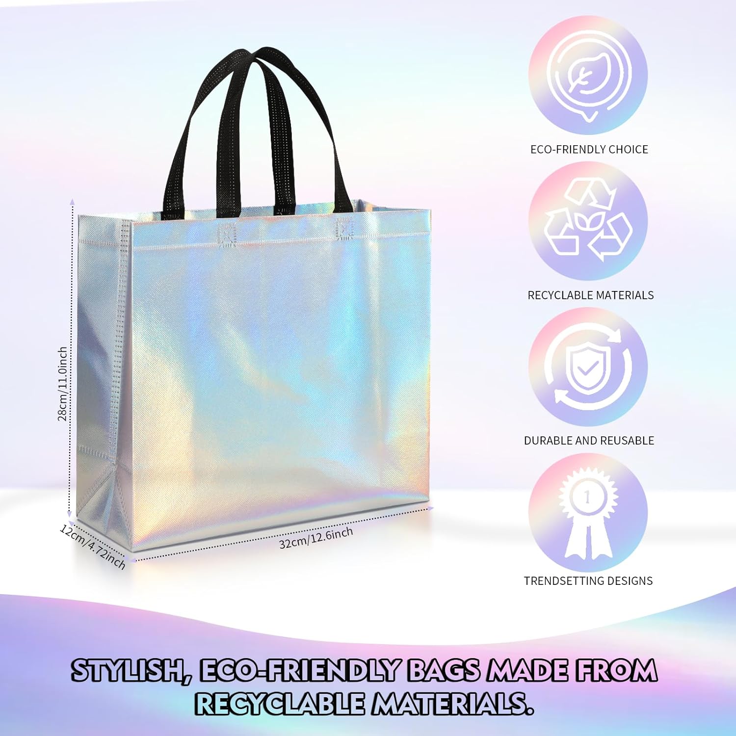 PHOGARY 15Pcs Iridescent Glossy Gift Bags with Handles & Sturdy Base, 12.6x4.7x11 In Reusable Holographic Christmas Gift Bags, Non-woven Goodie Bag Bulk for Birthday, Wedding, Holiday Party - Image 3