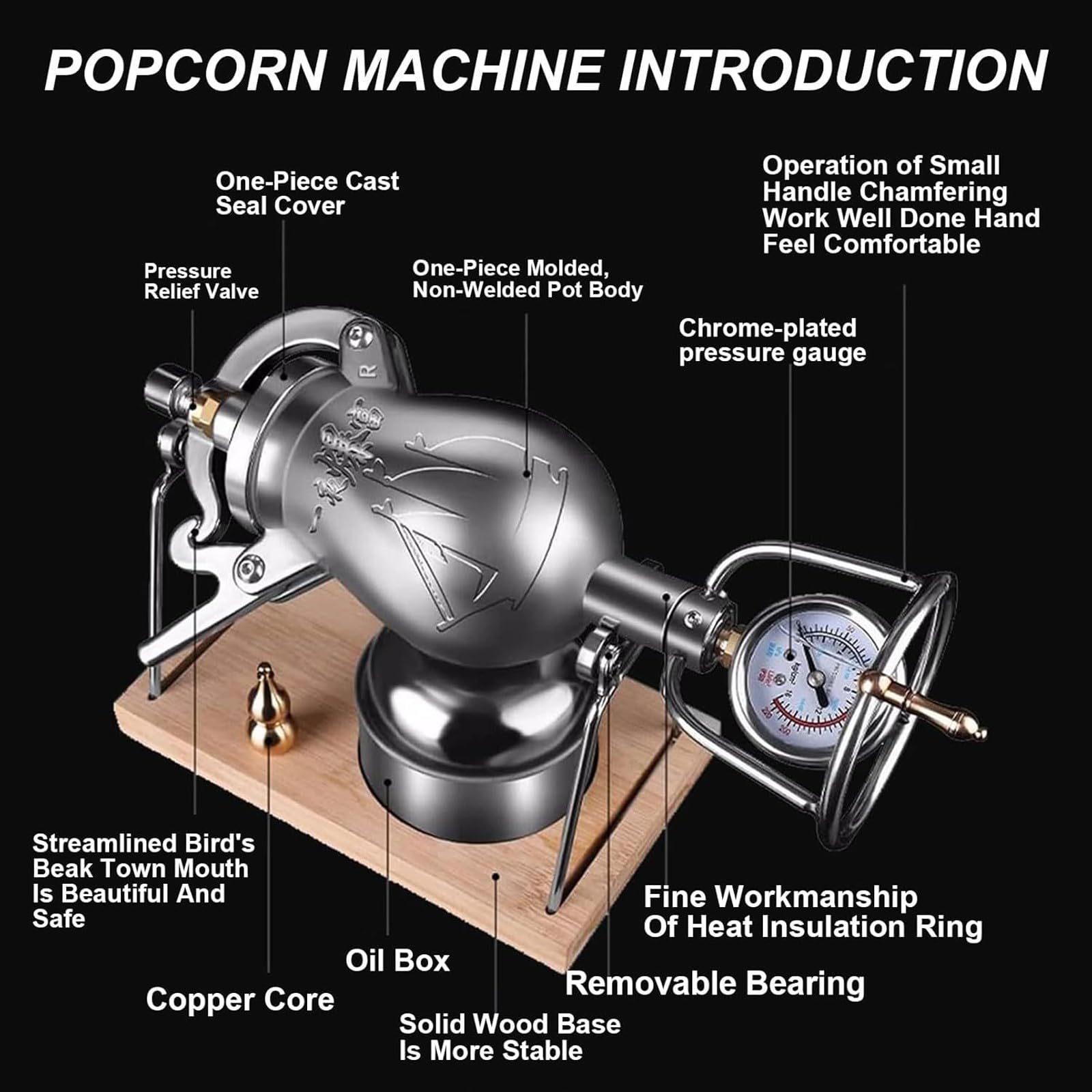 Macchina Riso Soffiato, Macchina Popcorn A Mano, Cannone Popcorn Cinese, Piccolo Popcorn da Fornello, Macchina per Popcorn A Pressione retrò per La Casa(268ML)
