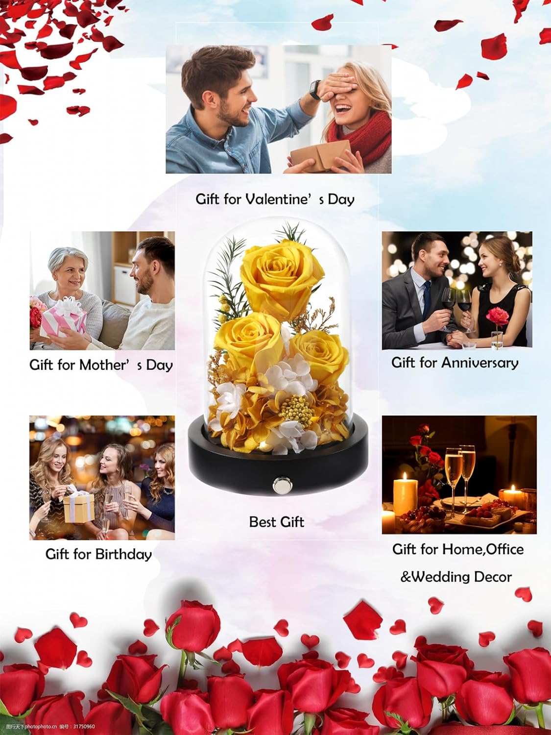 Preserved Flowers in Glass Dome with LED, Forever Yellow Roses for Delivery, Valentines Day Anniversary Birthday Mothers Day Flower Gifts for Mom Her Women Wife Mother - Image 5