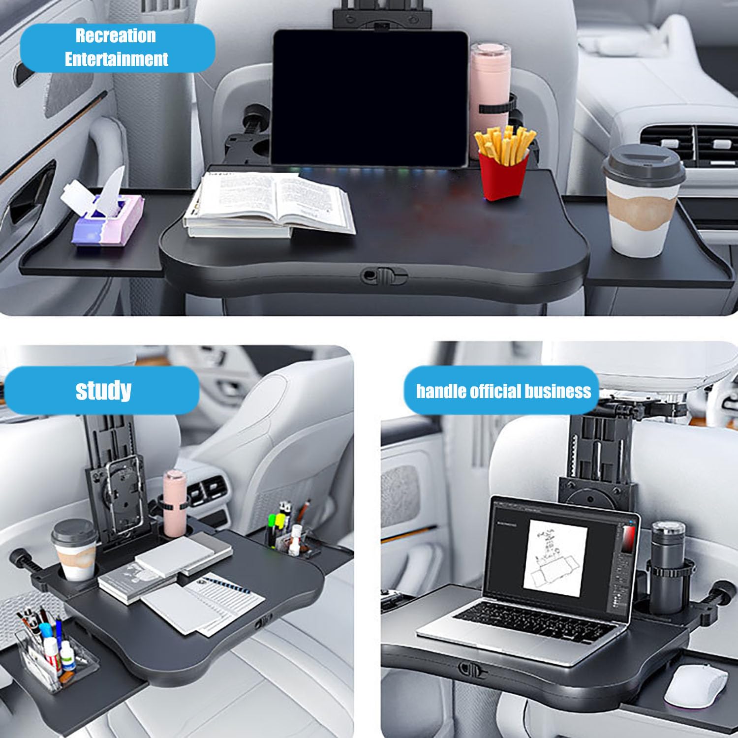 Bandeja Plegable para Comida en Asiento Trasero, Soporte para Teléfono con Almohadilla Antideslizante Multifunctional Adjustable Travel Tray
