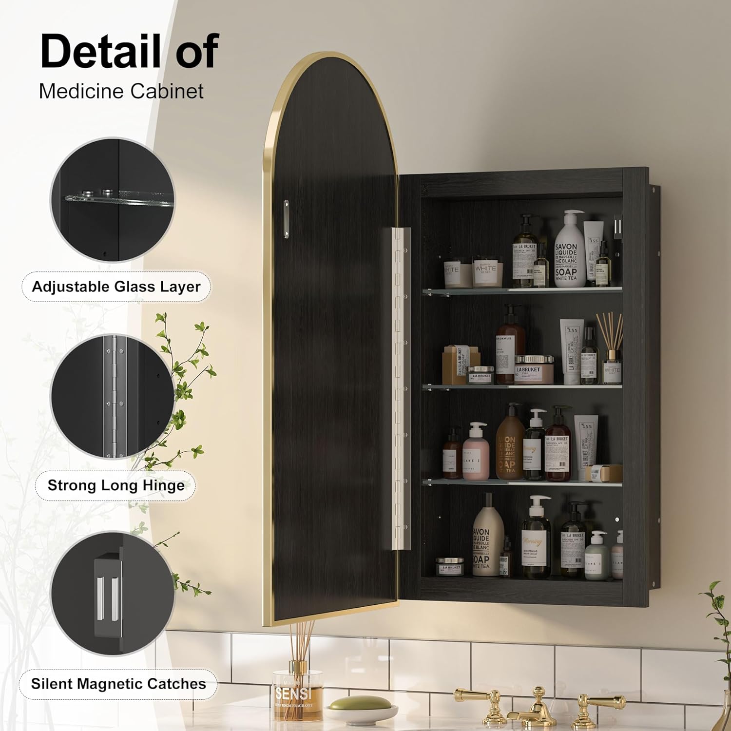 Size 16x31 Color brass Gold Recessed Medicine Cabinet Mirror,Brushed Brass Gold Arched Medicine Cabinet with Mirror for Bathroom,Metal Edge Mirrored Medicine Cabinets,in Wall Arch Mirrored Cabinets with Storage 16x31