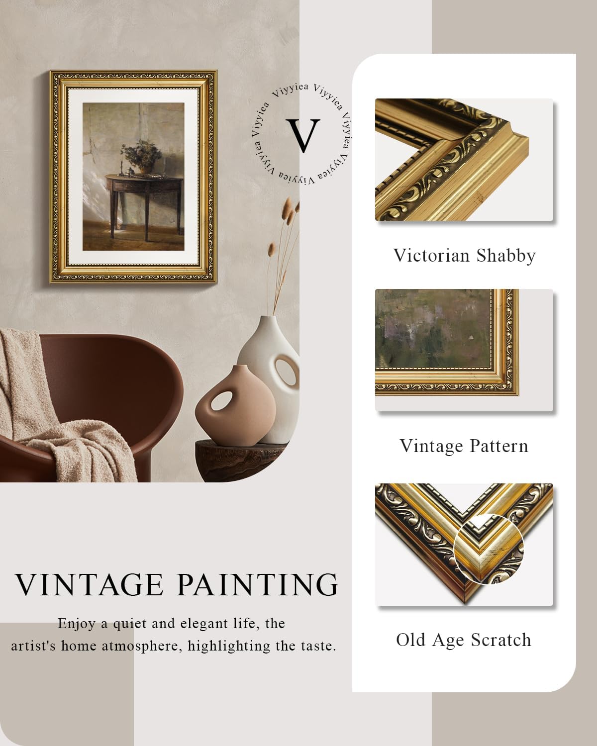 VIYYIEA Gold Framed Wall Art, After Noon Canvas Print Home Decor Vintage Art Painting Picture Bathroom Wall Decor, Potted Plant Artwork for Living Room Bedroom Kitchen Office - 14L x 11W image 3