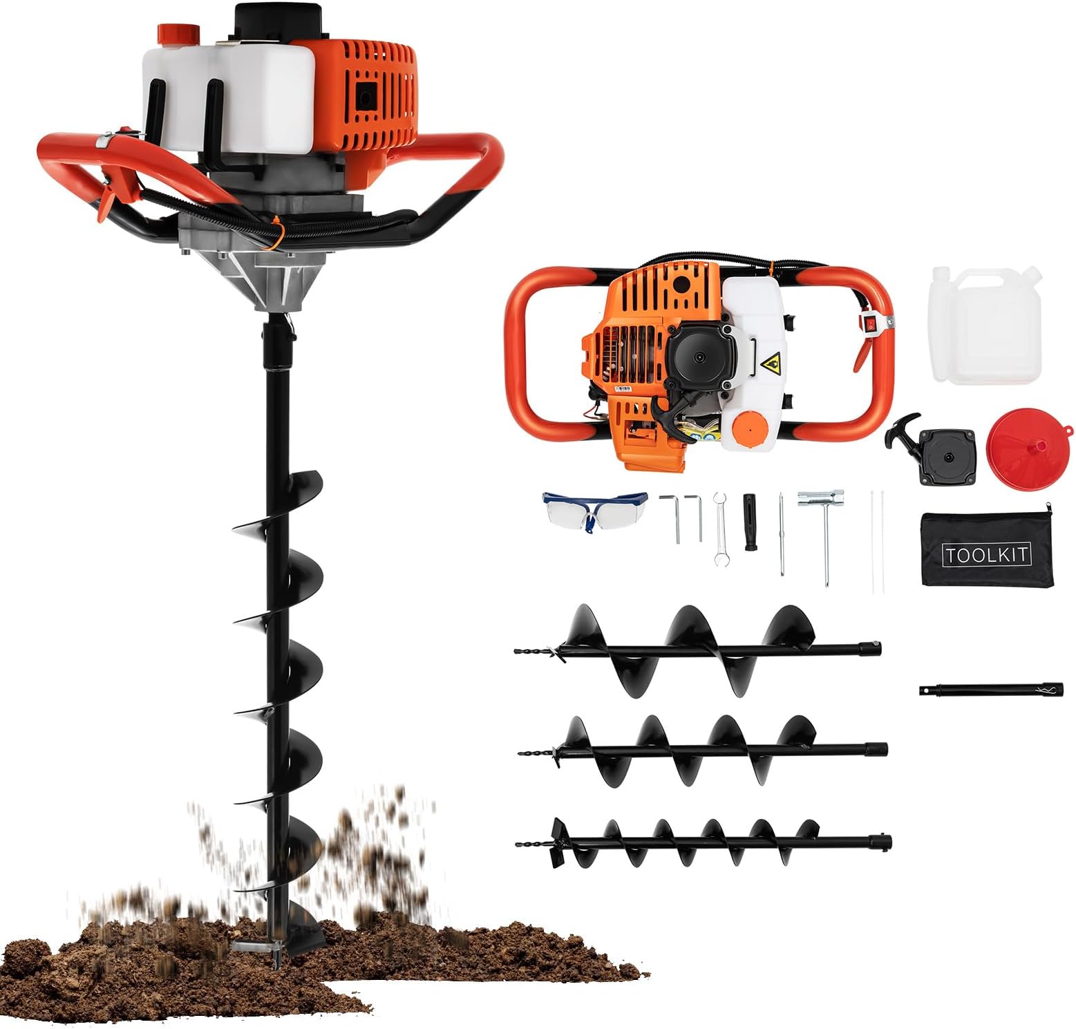52cc Post Hole Digger 2-Stroke Petrol Gas Powered Earth Digger with 3 Auger Drill Bits (4" 6"& 8")+11.8inch Extension Rods for Farm Garden Plant-[Arrives in Two Boxes]