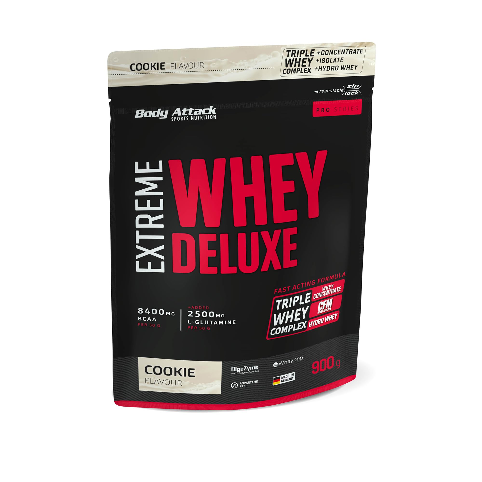 Body Attack Whey Protéine Extreme Deluxe-Protein powder avec des acides aminés, Complexe triple-Whey, CFM Whey Isolate-Parfait pour poids musculation, Fabriqué en Allemagne, 900g, Cookies