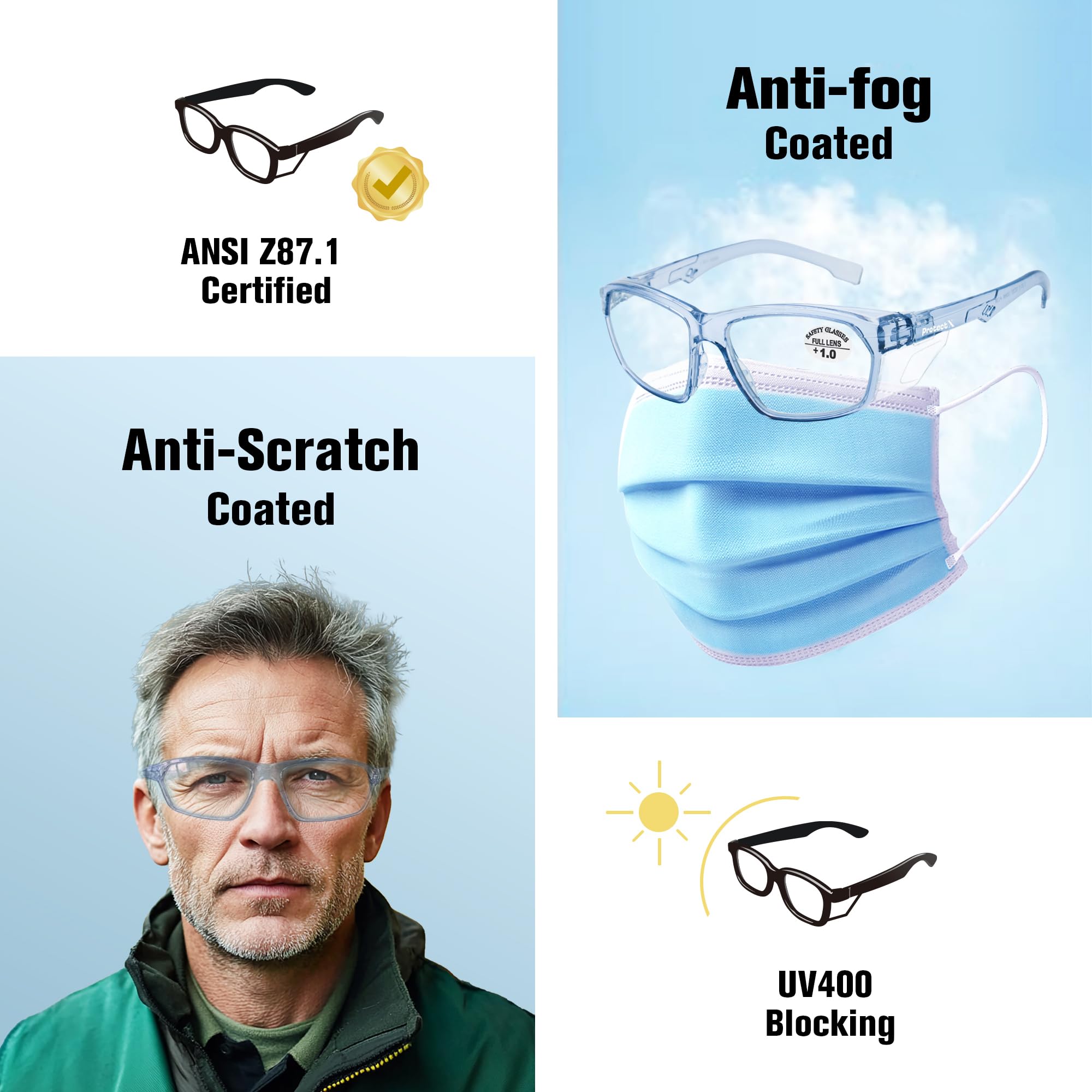 ProtectX Elegantes gafas de seguridad antivaho y arañazos con protección UV para lectores, gafas ligeras para hombres y mujeres