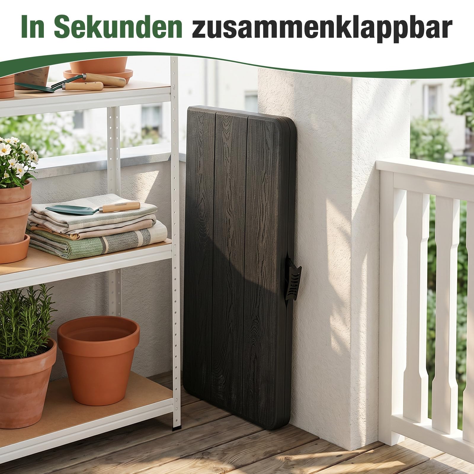 Sekey Gartentisch Klappbar, H x B x T: 74 x 86 x 86 cm, Kunststoff Holz Optik Balkontisch 4 Personen, Wetterfest Klapptisch Outdoor Campingtisch Beistelltisch Bistrotisch, Schwarz