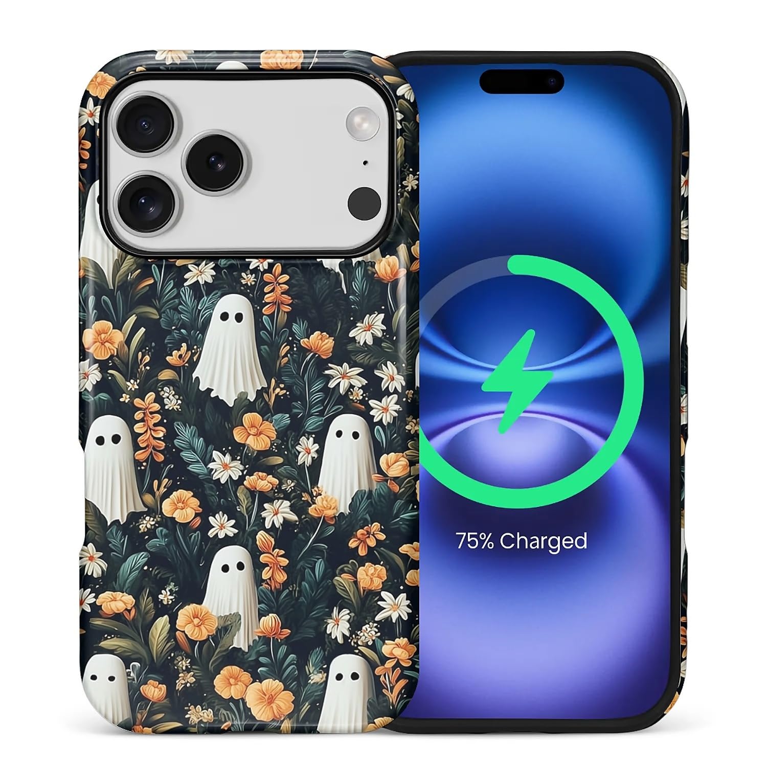for iPhone 17 Pro Case for Women Girl Men Boy, Compatible with MagSafe, Shockproof Soft Silicone & Hard PC Shell Protective Case for iPhone 17 Pro - Spooky Halloween Flower Ghost Spooky Halloween Flower Ghost IPhone 17 Pro
