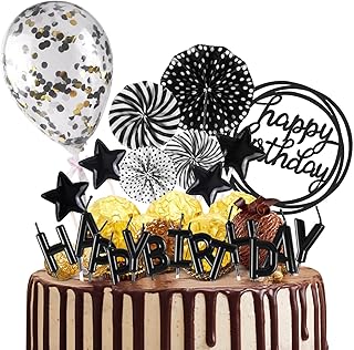 BEAN LIEVE Birthday Candles Set - Cake Topper Decoration with Cake Candles Confetti Balloon Stars and Fan Cupcake Toppers 12 Pieces Birthday Cake Decor for Birthday Party Celebration (Black)