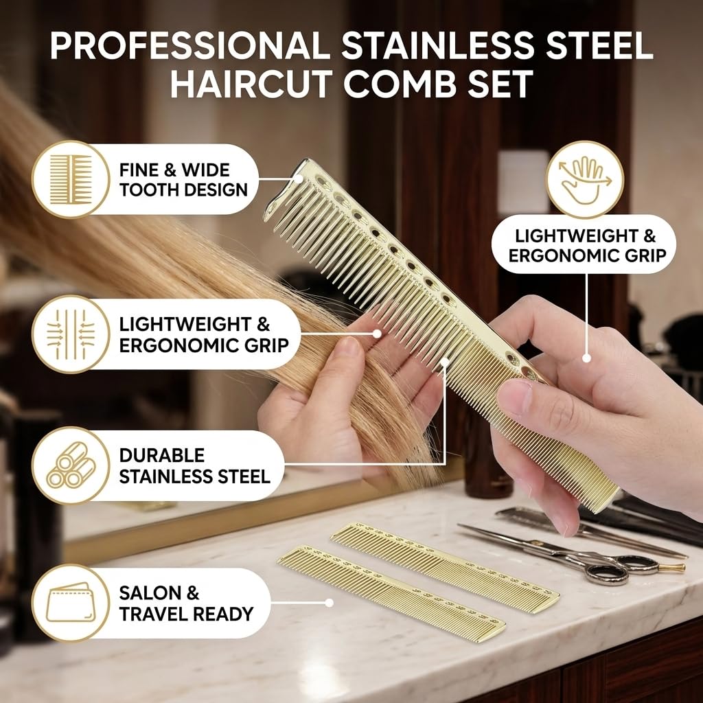 2pcs Professional Stainless Steel Haircut Comb, Salon Hairdressing Comb, Styling Tool for All Hair Types, Fine and Wide Tooth, Gold