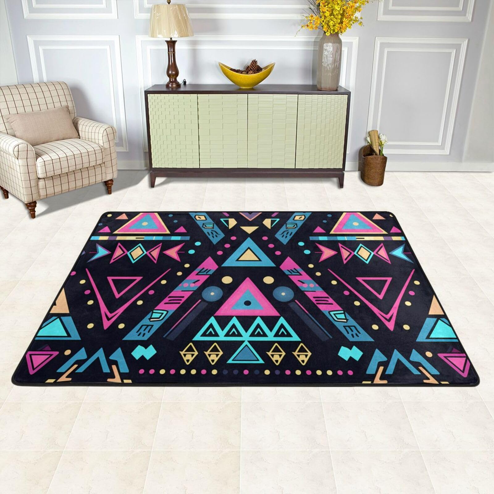 Tappeto geometrico azteco, per soggiorno, camera da letto, tappeto etnico con retro antiscivolo, lavabile, in flanella, tappeto decorativo per casa e ufficio, 120 x 180 cm