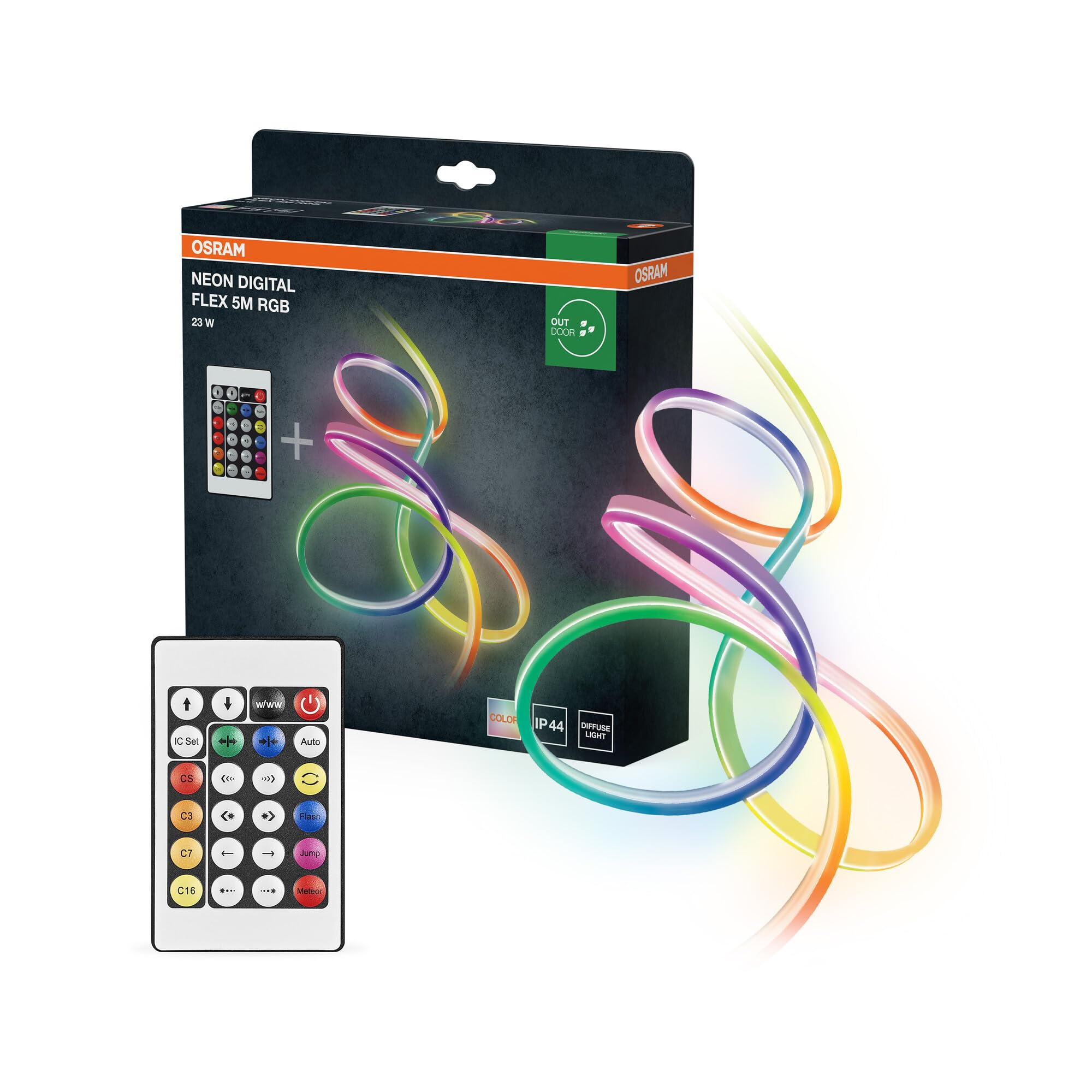 Osram Neon Digital Flex mehrfarbige Outdoor-LED-Strips 5m mit RGB + RC aus Silikon, IP44-Schutz, indirekte und direkte Beleuchtung für Garten und Balkon | Neon Digital Flex Strip IP44, Outdoor Lighting (Special), dia, 30000 h, 1-Pack