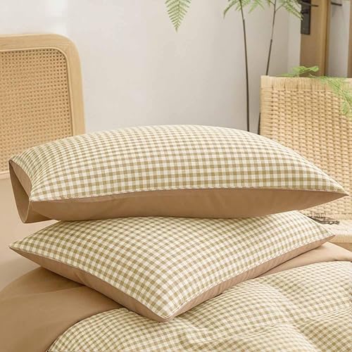 Miniatura 5 de Juego de colcha tamaño king de ETDIFFE, color marrón, 3 piezas, juego de ropa de cama color beige con estampado Gingham de rejilla - colcha suave y