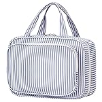 Narwey Striped Travel Toiletry Bag for Women Large Hanging Makeup Bag Organizer Toiletries Bag for Full Size Essentials Accessories Cosmetics (Greyish Blue Stripe (Large))