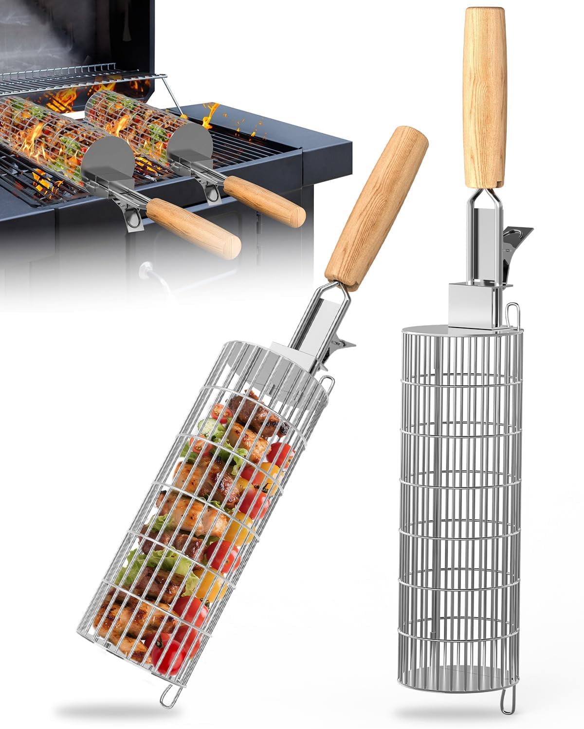 Rollendes Grillkorb Set, Grill zubehör mit abnehmbarer Holzgriff, Edelstahl 304, GrillZubehör für Outdoor-Grill, Gemüse, Fleisch und Meeresfrüchte am Außengril, Geschenke für Männer Papa