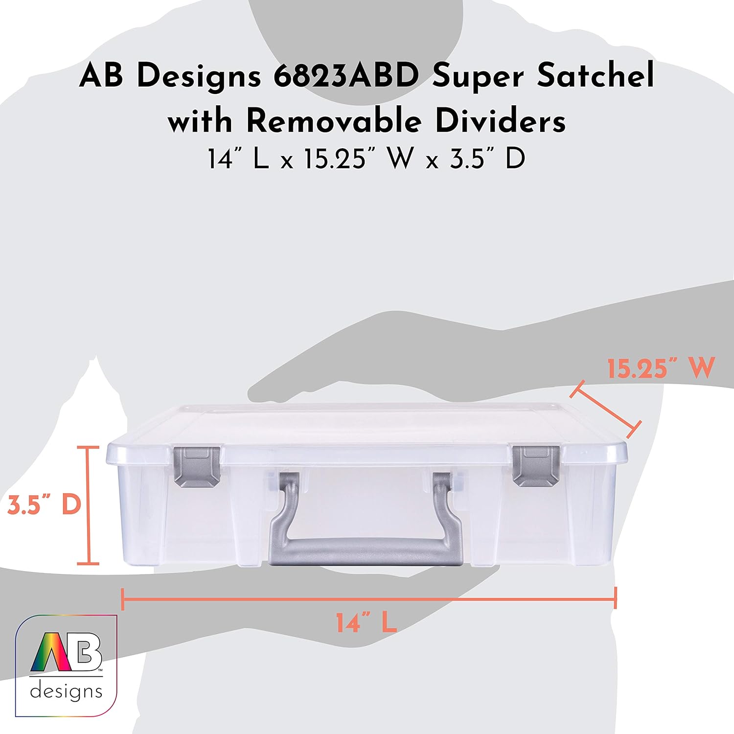 AB Designs 6823ABD Super Satchel with Removable Dividers, Stackable Home Storage Organization Container, Clear with Sliver Latches and Handle