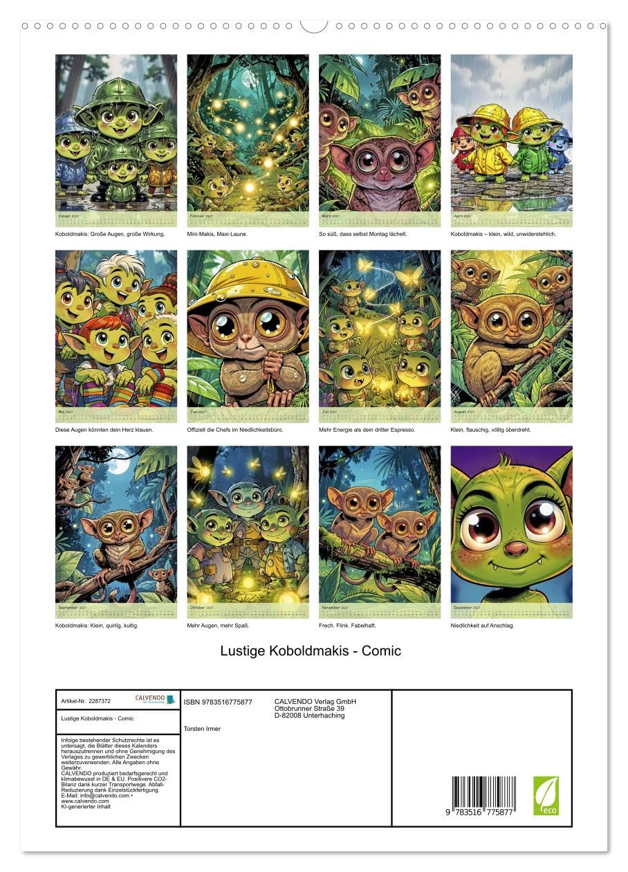 Lustige Koboldmakis - Comic (hochwertiger Premium Wandkalender 2027 DIN A2 hoch), Kunstdruck in Hochglanz: Winzige Wirbelwinde mit Riesenaugen, klein, ... Lacher auf den ersten Blick. (CALVENDO Spass)