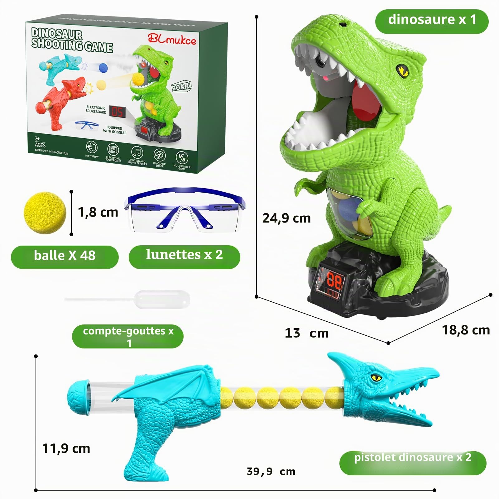 Jouet de tir Dinosaure pour garçon de 2, 3, 4, 5, 6, 7 Ans, avec Lanceur de Pompe à air, Cible Mobile et 48 Boules en Mousse, Jeux d'extérieur/arrière-Cour avec Score LED et Son