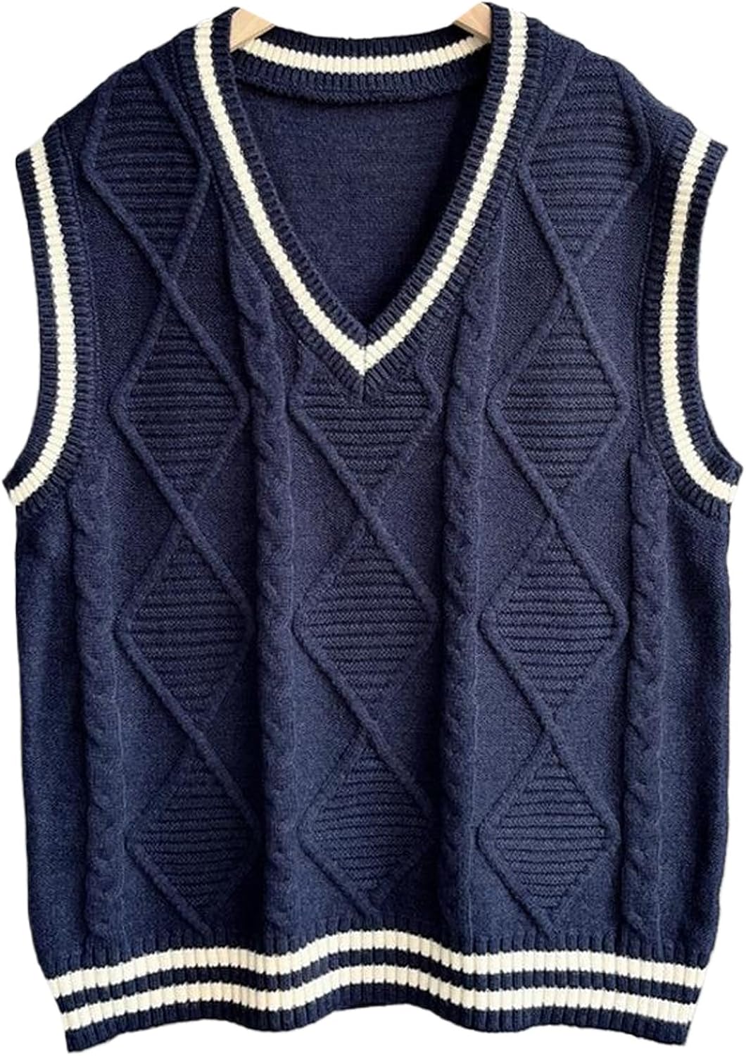 Blostirno Women's V Neck Sweaters Vest Trendy Cable Ribbed Sleeveless Knit Striped Pullover Sweaters Tops