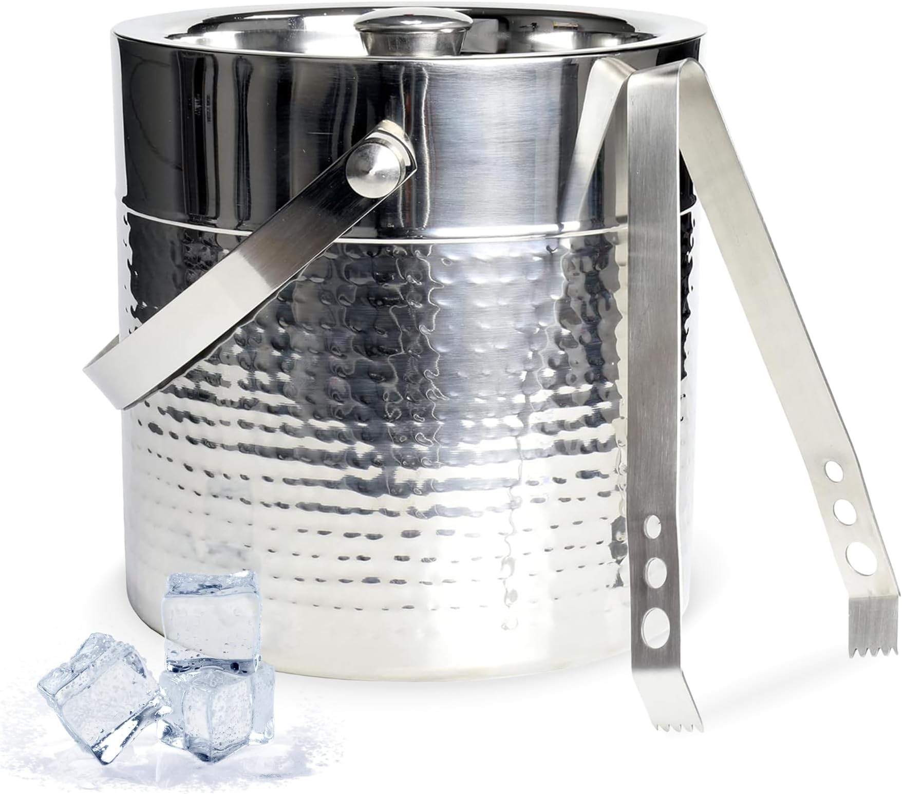 Hammered Ice Bucket with Tongs, Elegant Rust-Resistant Stainless Steel Ice Bucket, 3-Quart Ice Bucket Ice Buckets for Parties, Large Ice Bucket for Indoor or Outdoor Use