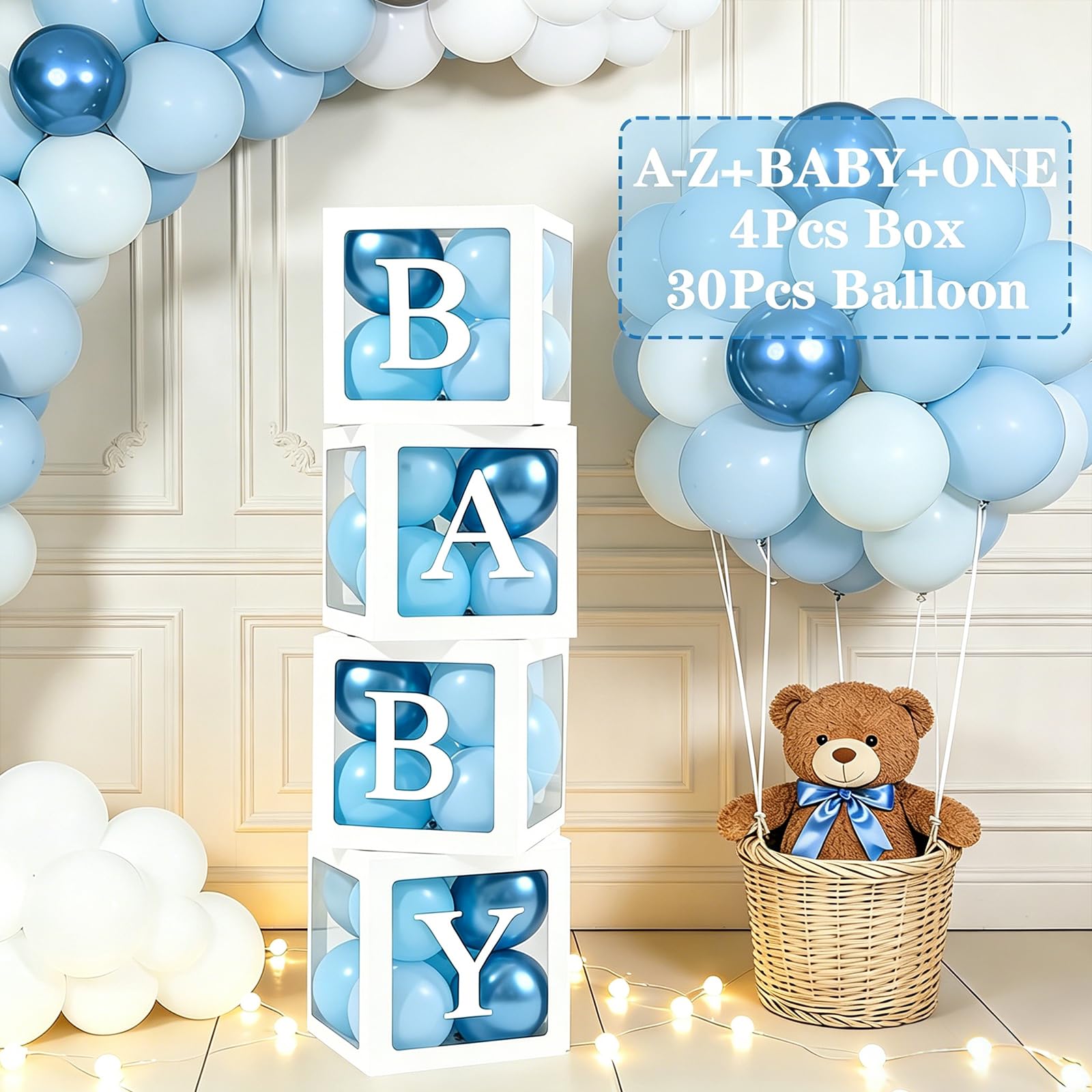 67Pcs Baby Shower Decorations Boxes Boy- Baby Shower Balloon Boxes with 30 Blue Balloons, 33 Letters(ONE+BABY+A-Z), Blue Baby Box Party Balloon for Boy Birthday Party Decoration Christening DIY Name
