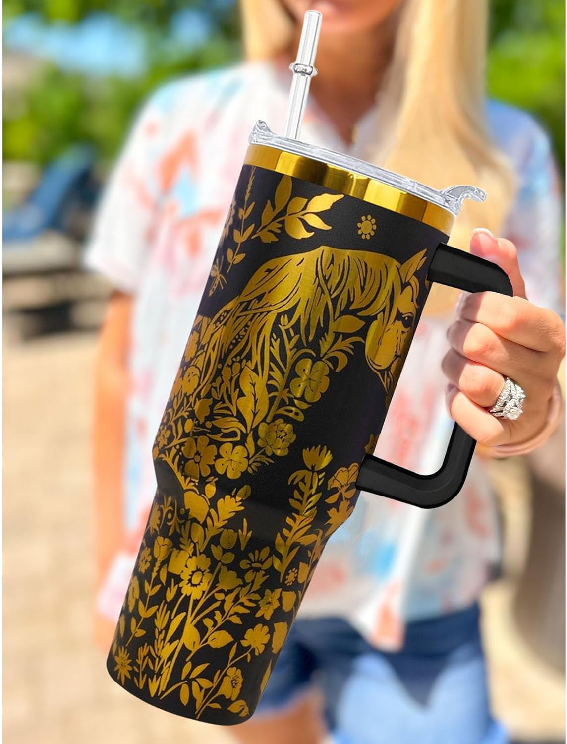 40oz Horse Laser Engraving Tumbler with Handle and Lid Straw Double Insulated Travel Must Have Cup Gifts For Women image 2