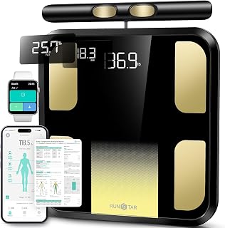 RunSTAR Körperfettwaage, Personenwaage digital mit 8 Elektroden für Körpergewicht und Körperfett, BMI, Muskelmasse und Analyse von 28 Körpermaße App-Nutzung, 3-Metrik-Anzeige, 180kg