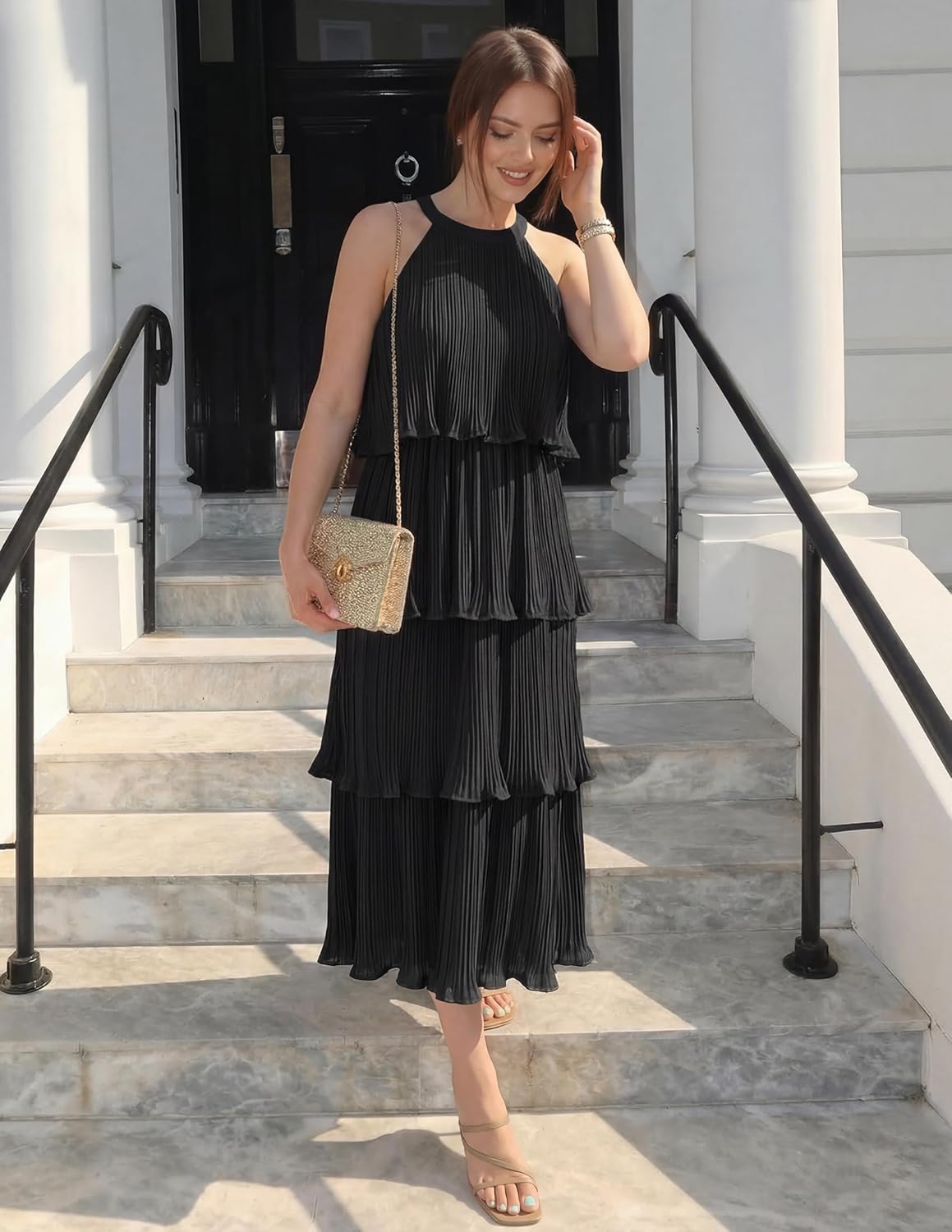 ZESICA Women's 2026 Summer Sleeveless Halter Neck Ruffle Tiered Layed Chiffon Flowy Swing Long Midi Dress