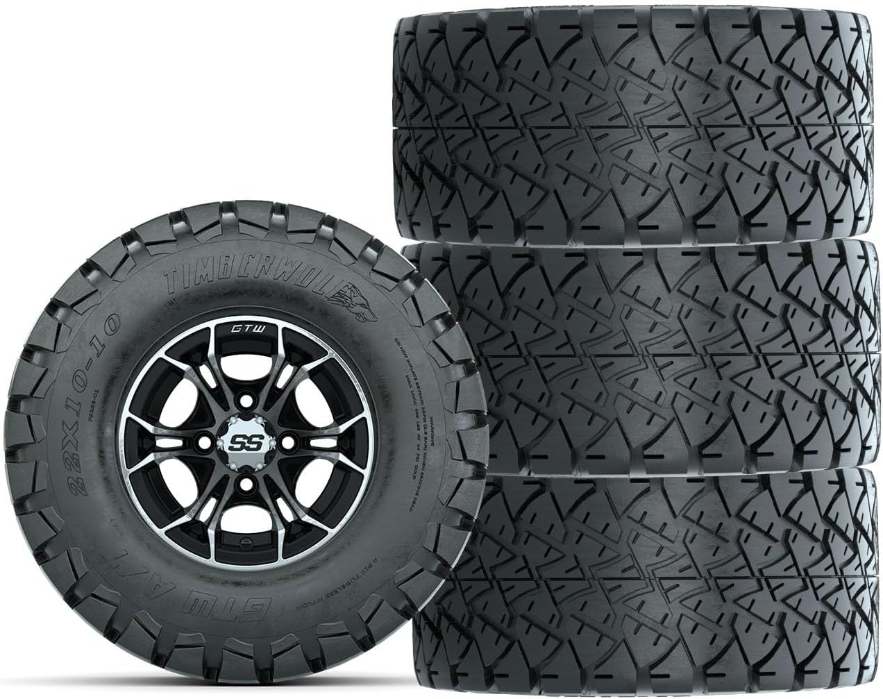 GTW 10 Inch Golf Cart Wheels and Tires Combo | GTW Spyder Machined/Black Wheels on 22x10-10 (22") Timberwolf All Terrain Tires | Set of 4