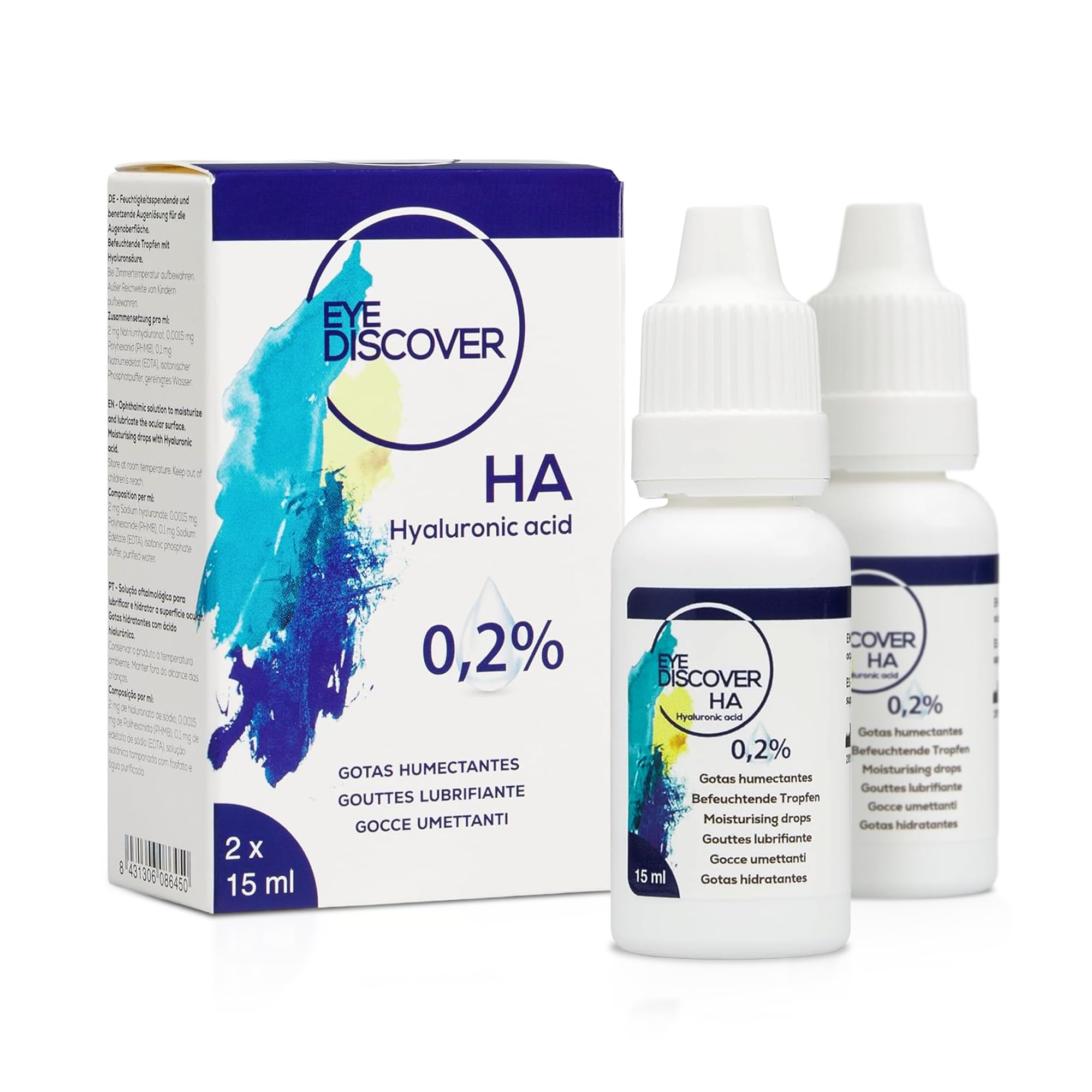 Larmes Artificielles avec 0,2% d’Acide Hyaluronique – Gouttes Oculaires pour Yeux Secs, Hydratation Intense, 2 x 15 ml