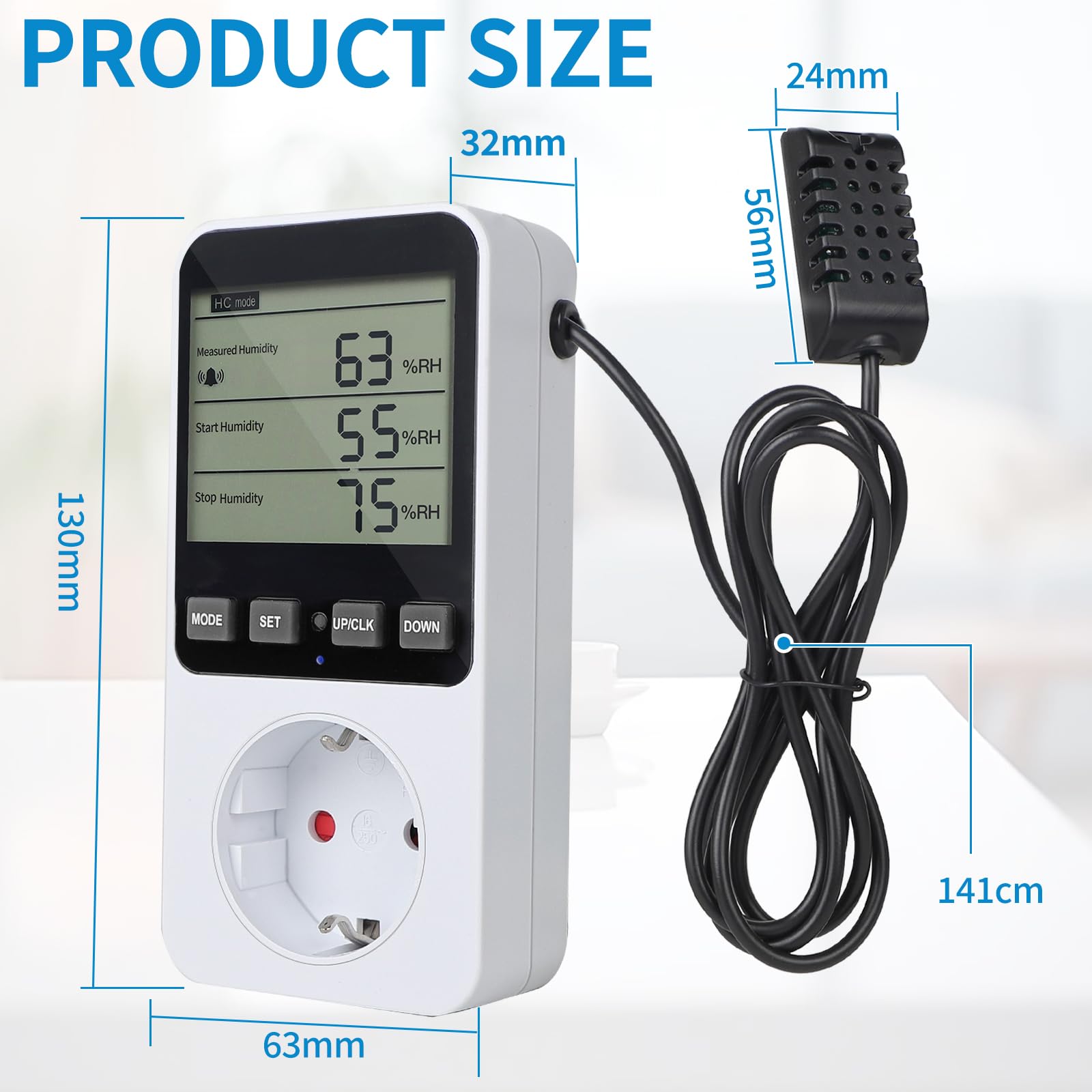 SWAWIS Termostat, gniazdko elektryczne regulator temperatury i wilgotności powietrza 230 V, z czujnikiem, cyfrowy higrostat, gniazdko z alarmem do nawilżania powietrza,