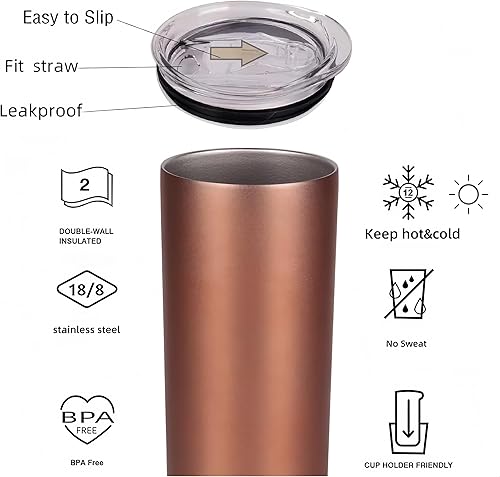 Miniatura 3 de Vaso delgado de acero inoxidable 188 de doble pared con popote y tapa, taza de viaje aislada que mantiene la bebida fría y caliente (blanco, 20