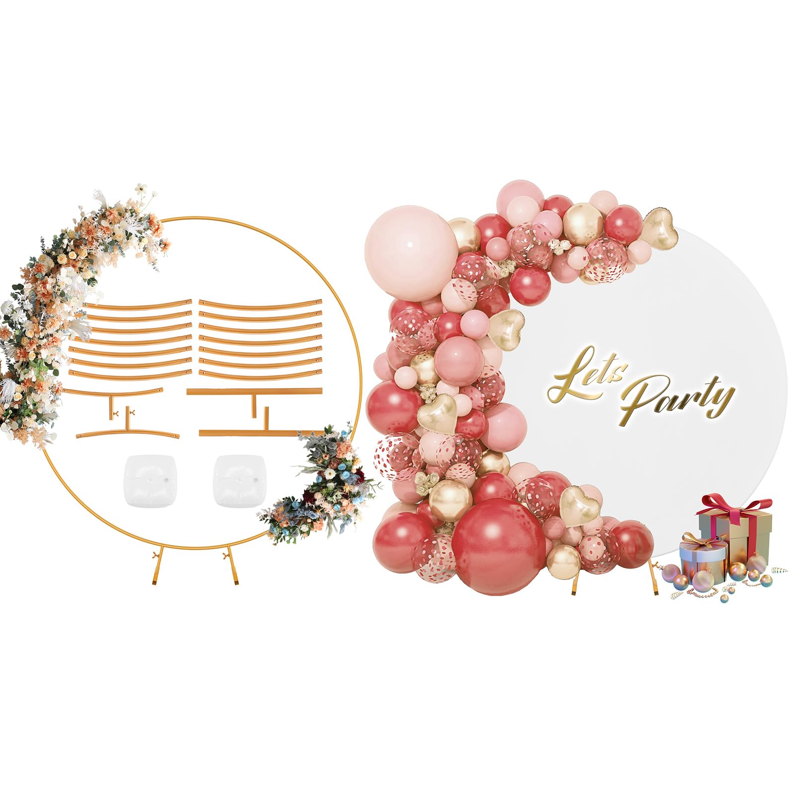 Lmaqfum6.6ft Round Backdrop Stand and Cover Set, Gold Circle Balloon Arch Stand Metal Arch Backdrop Stand Wedding Arch Frame for Birthday Party Baby Shower Ceremony Banquet Decoration