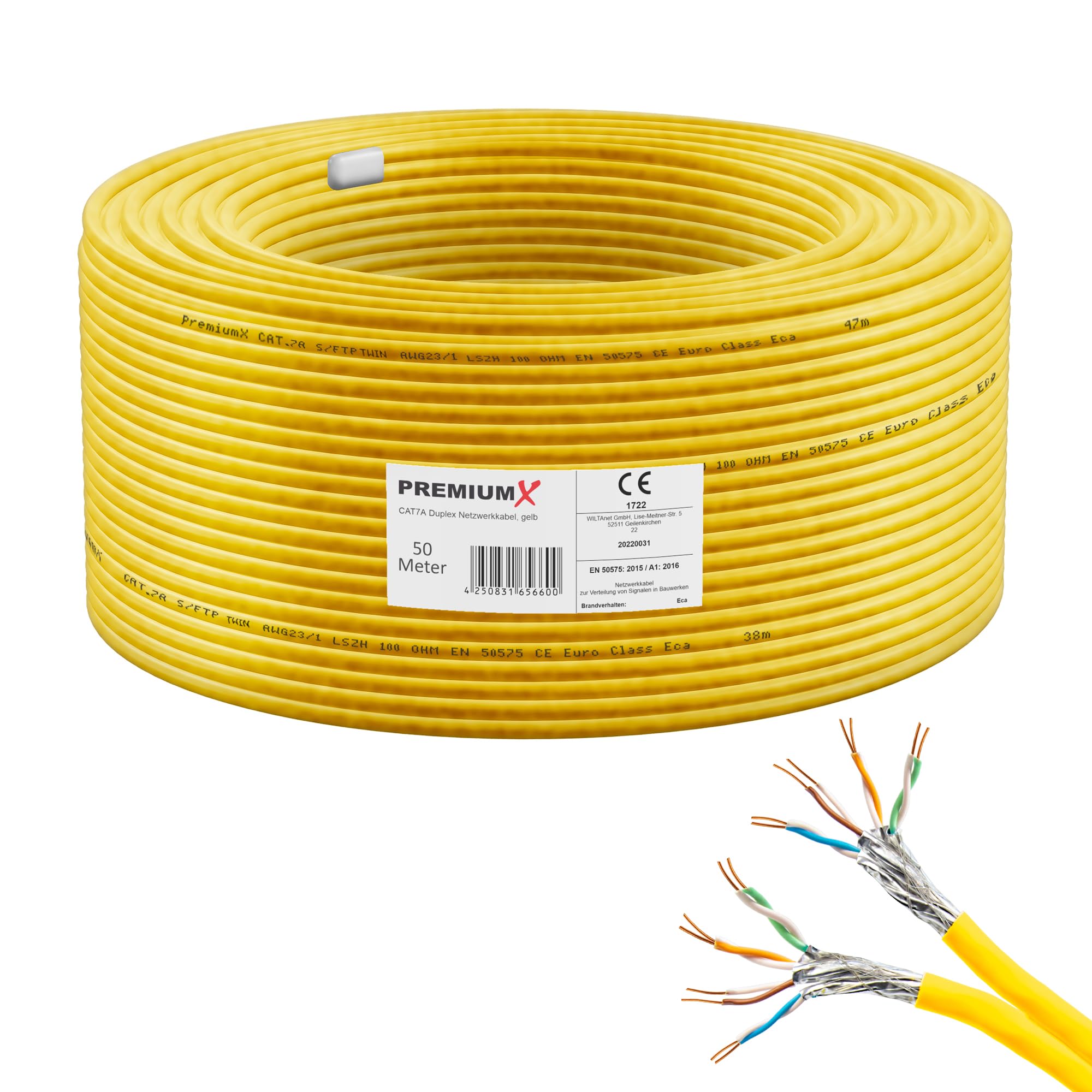 Premium X 50 m CAT 7A kabel sieciowy Duplex LAN kabel Ethernet kabel danych S/FTP PiMF PoE Cca Cat7A kabel instalacyjny