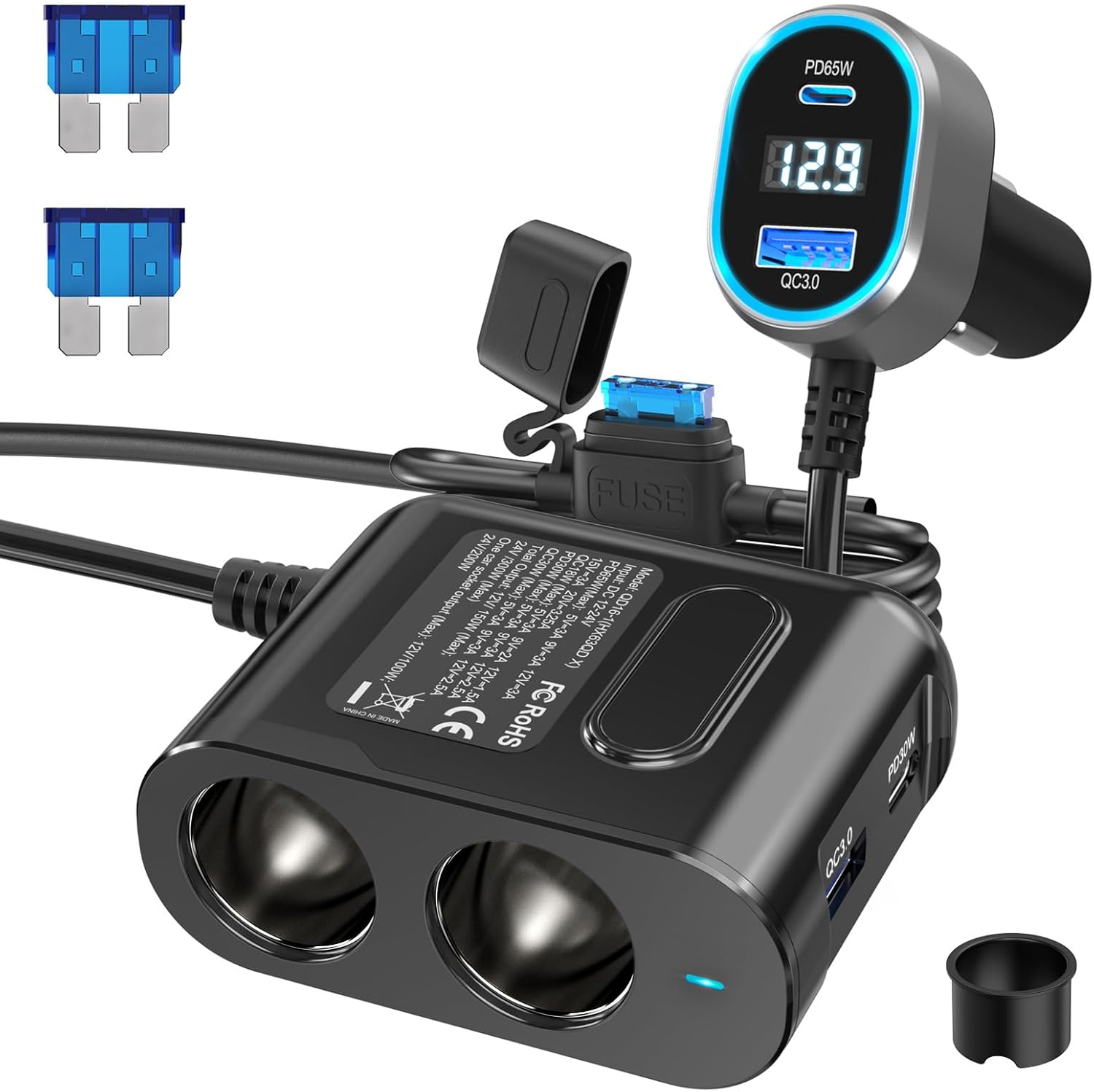 PD 65W Cigarette Lighter Splitter for Laptop: 200W USB C 12V Car Charger Socket Adapter, 12 Volt DC Plug Multi Way Auto Power Outlet with Dual Type C Port for MacBook/iPad/iPhone Samsung GPS Dash Cam