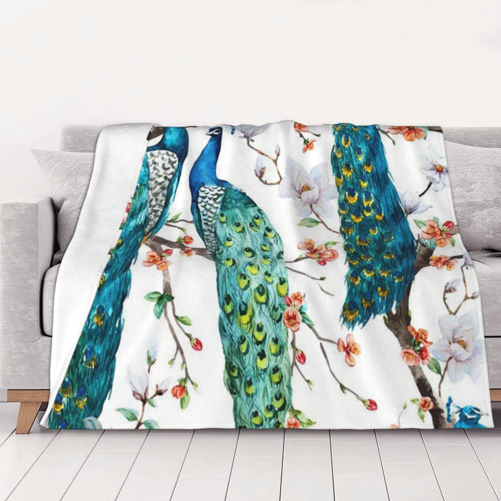 AUBKFELD Beautiful Peacock Flowers Printed Flannel Blanket 150x125 CM, Soft & Warm Throw Blanket for Sofa/Couch/Bed/Car, Gifts for Audlts Women Men