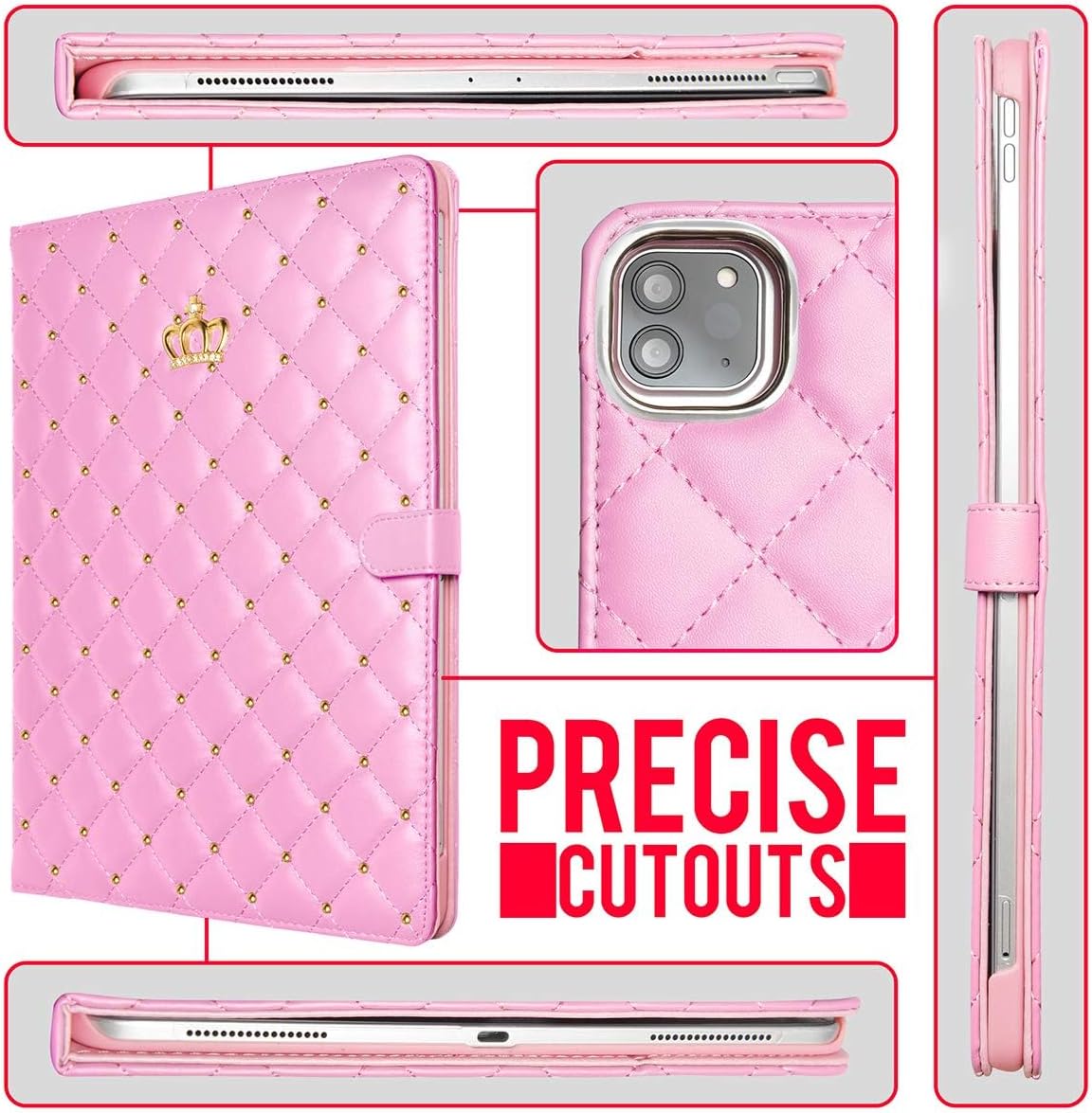 for iPad Air 13 Inch Case M3 2025/M2 2024, iPad Pro 12.9 (6th/5th/4th Gen 2022/2021/2020),Cute Crown Rhinestone Elegant PU Leather Auto Sleep/Wake Stand Protective Case for iPad Air 13", Pink thumbnail