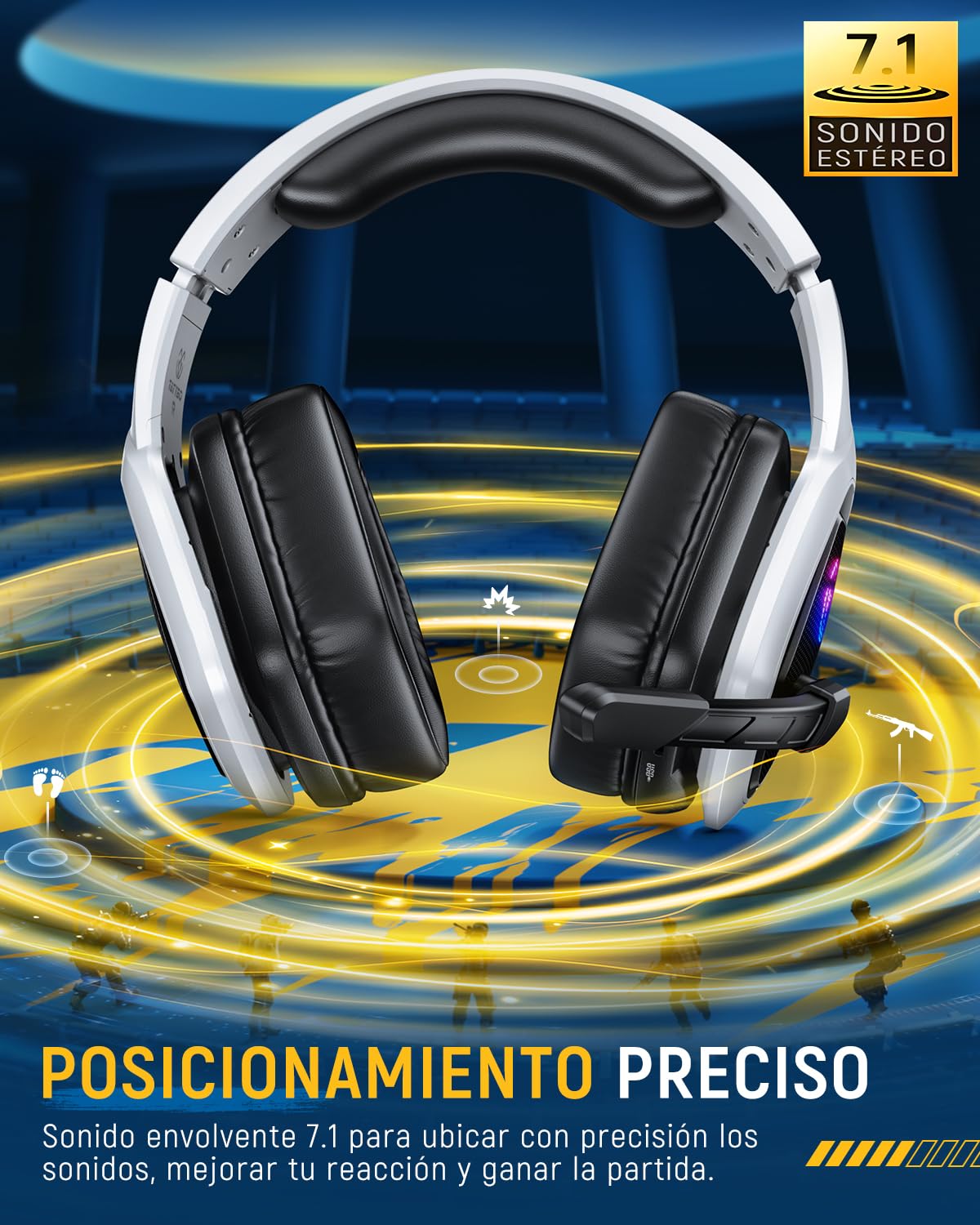 Tatybo Cascos Gaming Inalámbricos 7.1 para Ps5/Ps4/PC, Auriculares Bluetooth con Micrófono con Cancelación de Ruido, 2.4GHz USB-C, 40H+ Batería para Switch/Mac/Portátil