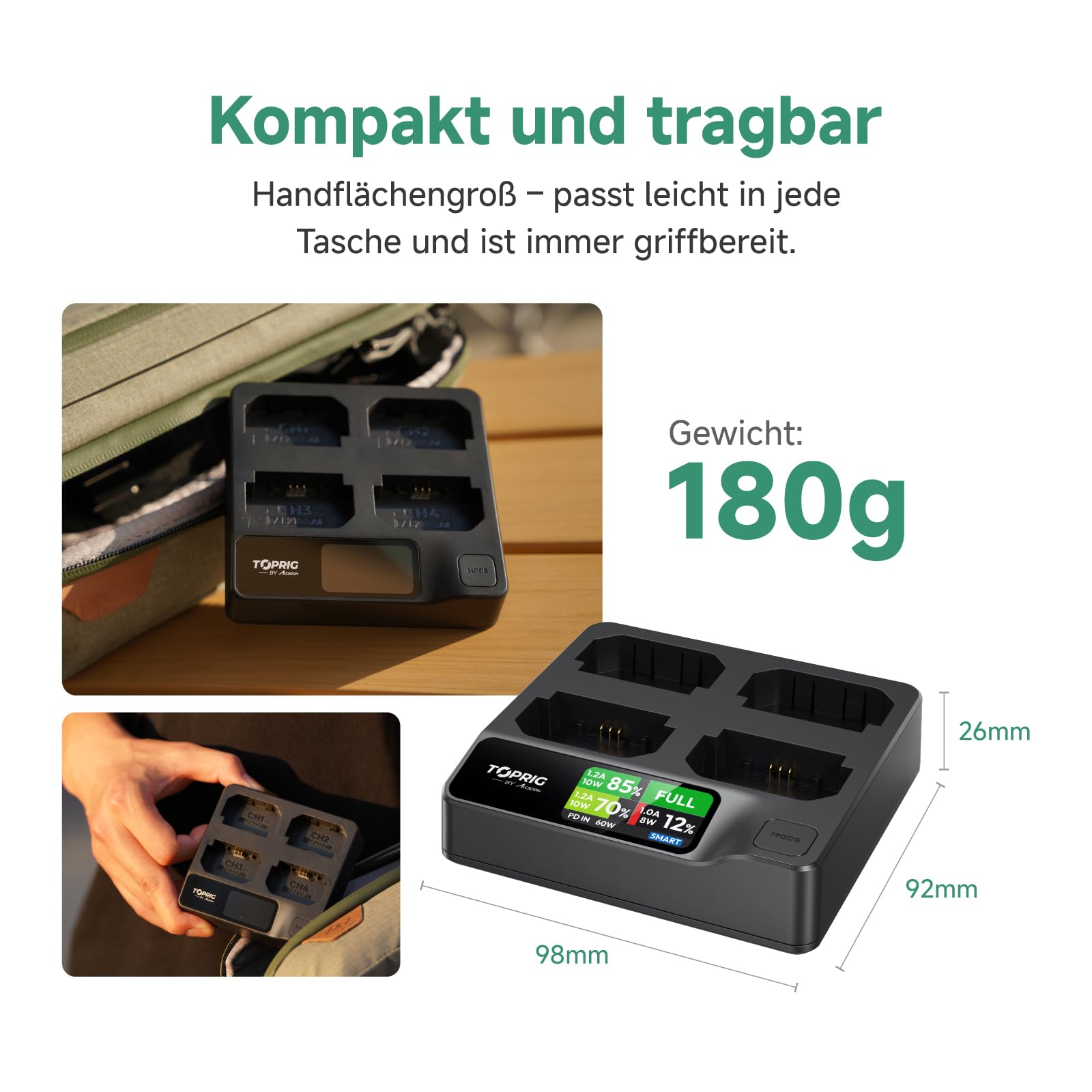 Toprig BC02 NP-FZ100 4-Kanal-Kamera-Akkuladegerät, USB-C PD 60 W Schnellladung, Vollfarb-LCD-Display, Echtzeit-Akkustandsüberwachung, tragbares Design, kompatibel mit Sony NP-FZ100-Akku